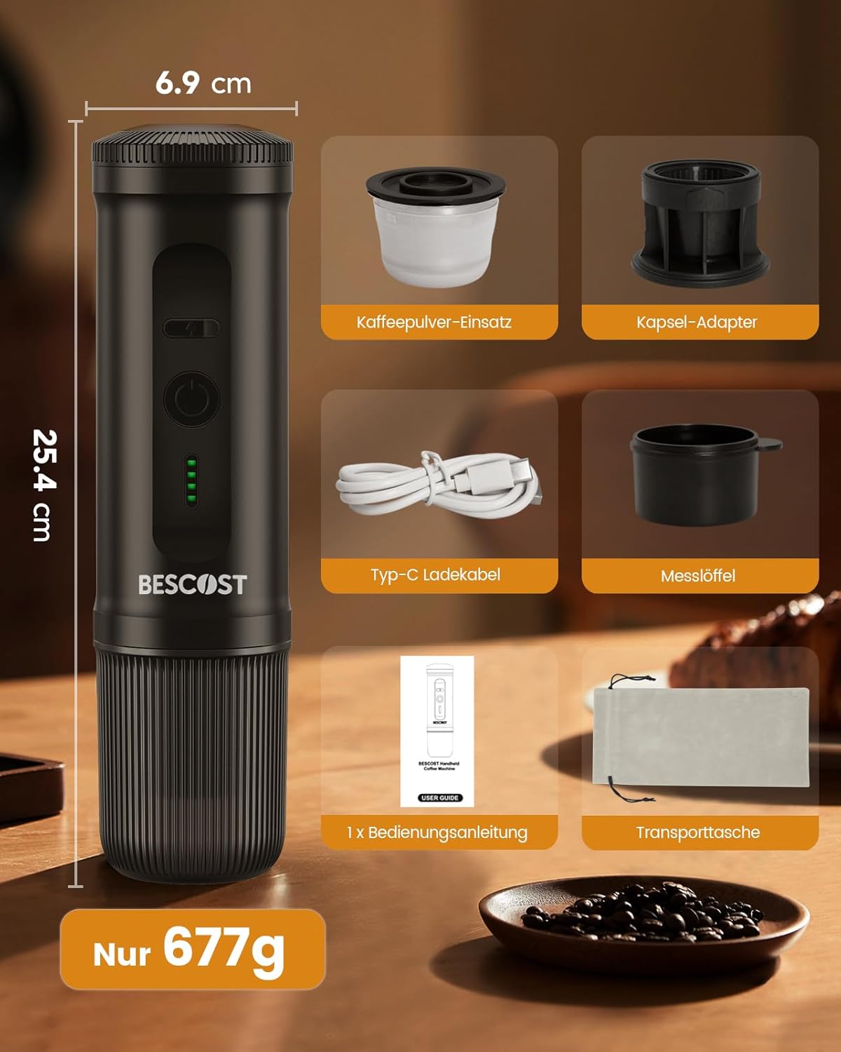 Tragbare Espressomaschine mit Akku 20 Bar, Camping-Kaffeemaschine für Reisen, USB-C, 2-in-1 Reisekaffeemaschine für NS-Kapseln & Kaffeepulver, Auto, Wohnmobil, Wandern, Reisen – Bild 6