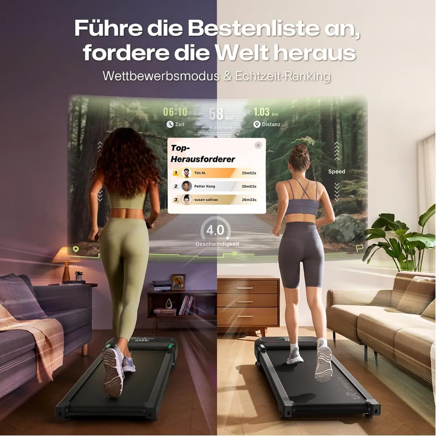 UREVO Automatische Steigung Walking Pad Mit KI-App, Laufband Schreibtisch, Leises Laufband mit bürstenlosem Motor für Wohnungen, kleine Räume und Homeoffice, 12-Punkt-Stoßdämpfung & virtuelles Wandern – Bild 4