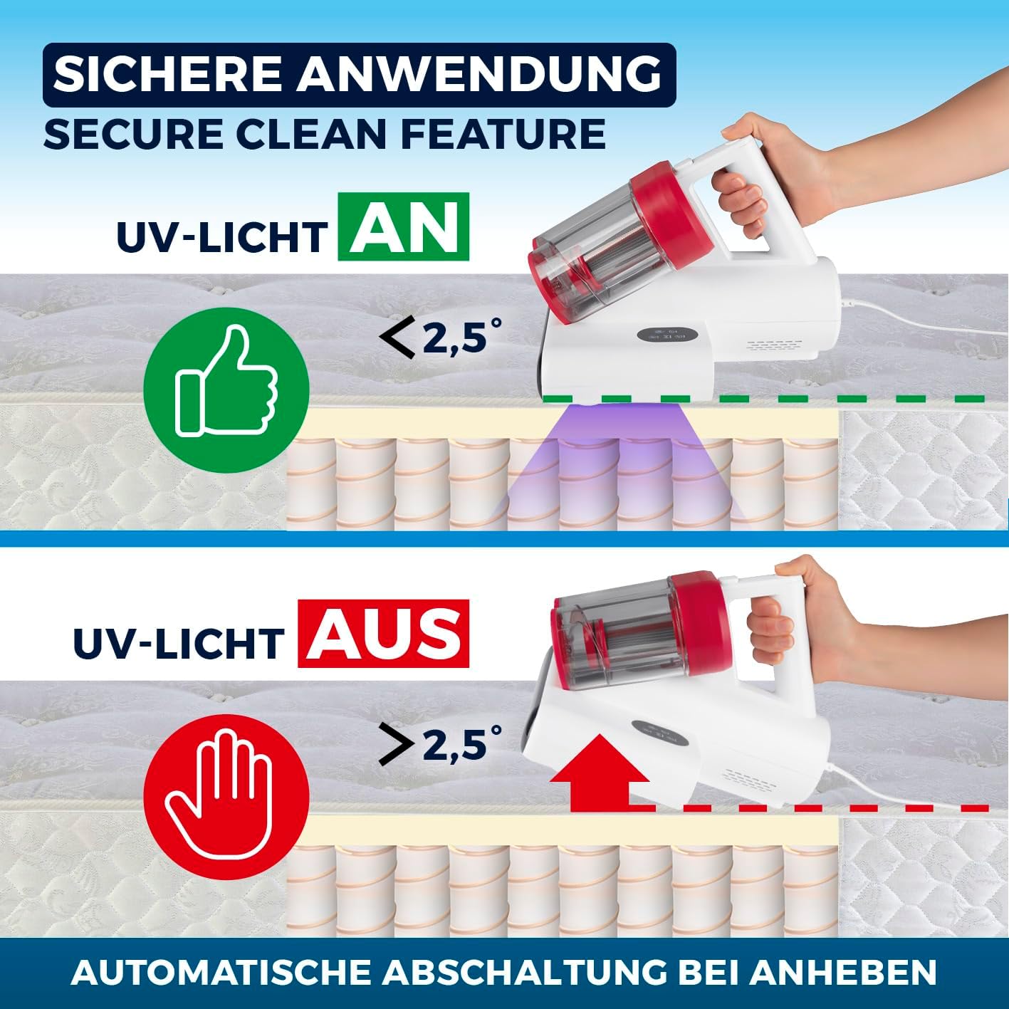 CLEANmaxx Milbensauger für Matratzen mit UV-C-Licht, Rotation, Matratzenreiniger mit HEPA-Filter, entfernt 99,9 % aller Milben, Matratzensauger mit Ultraschall, Hitze & Vibration – Bild 10