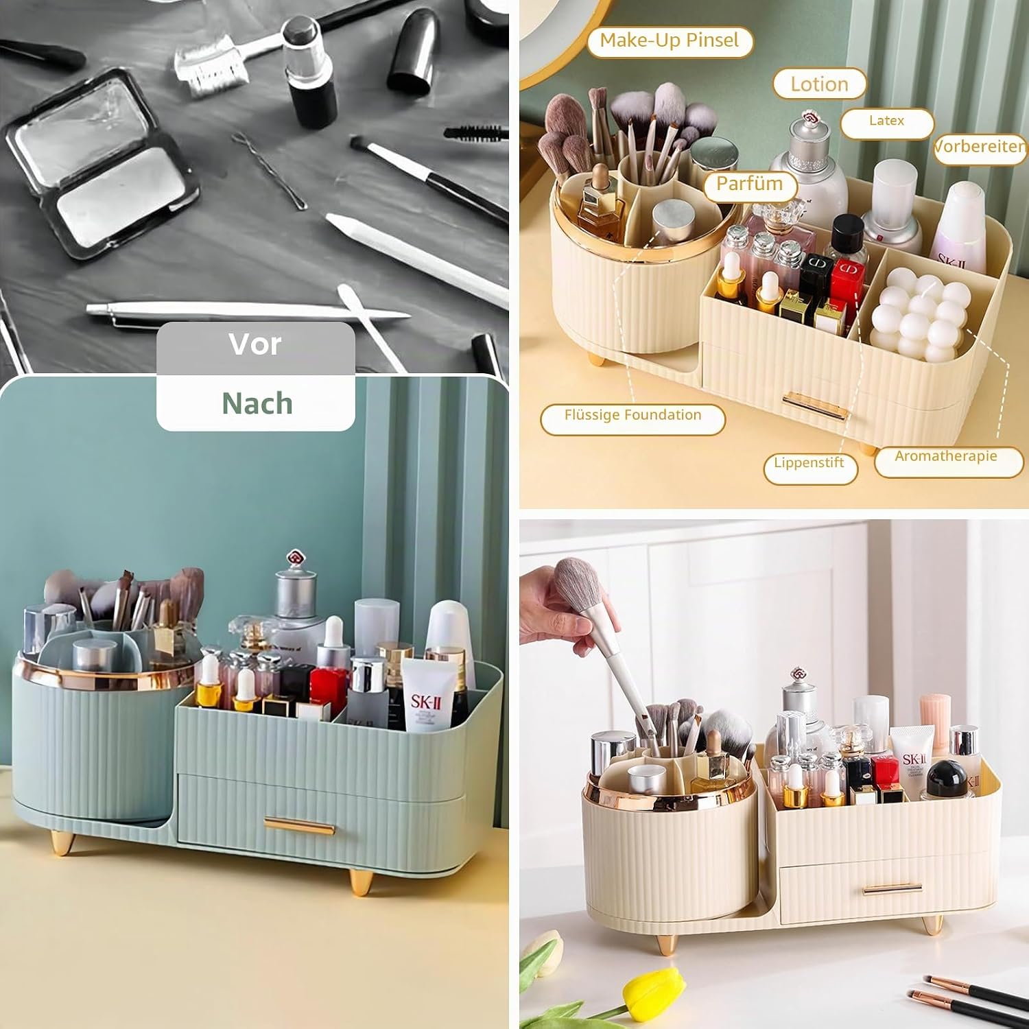 DASITON Make-up-Organizer, 360° drehbar, Make-up-Pinselhalter, Kosmetikaufbewahrung mit Schubladen, großer Schminktisch-Organizer für Schlafzimmer, Badezimmer, Make-up- und Hautpflege-Organizer (grün) – Bild 4
