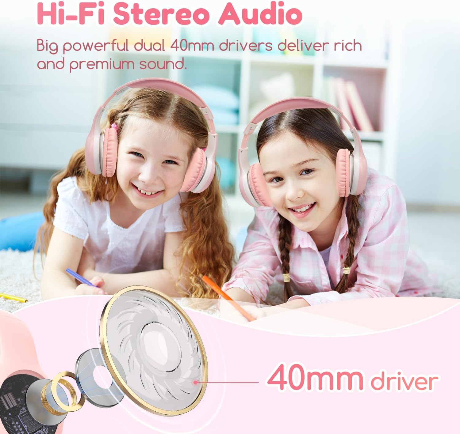 EarFun Kinder-Bluetooth-Kopfhörer, 85/94 dB Lautstärkeregler, HiFi-Sound, HD-Mikrofon, 40 Stunden Akku, faltbar, verstellbar, Kopfhörer kabellos, Bluetooth Kinder für Schule/Reisen, Pink – Bild 7