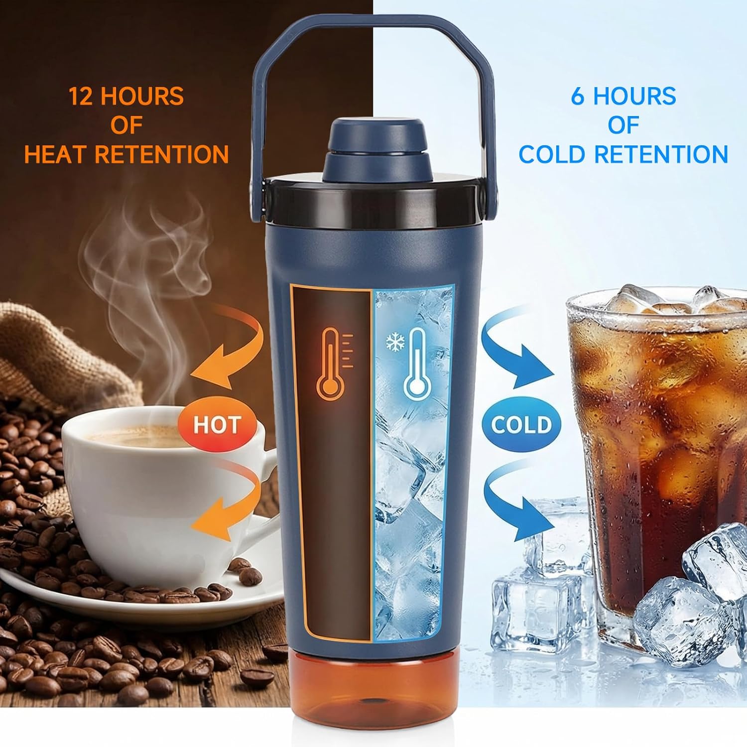 X SIM FITNESSX Protein-Shaker-Flasche mit Pulverfach, SUS304-Edelstahl-Shaker mit Tragegriff und Aufbewahrungsbehälter, 500 ml + 200 ml (blau) – Bild 5