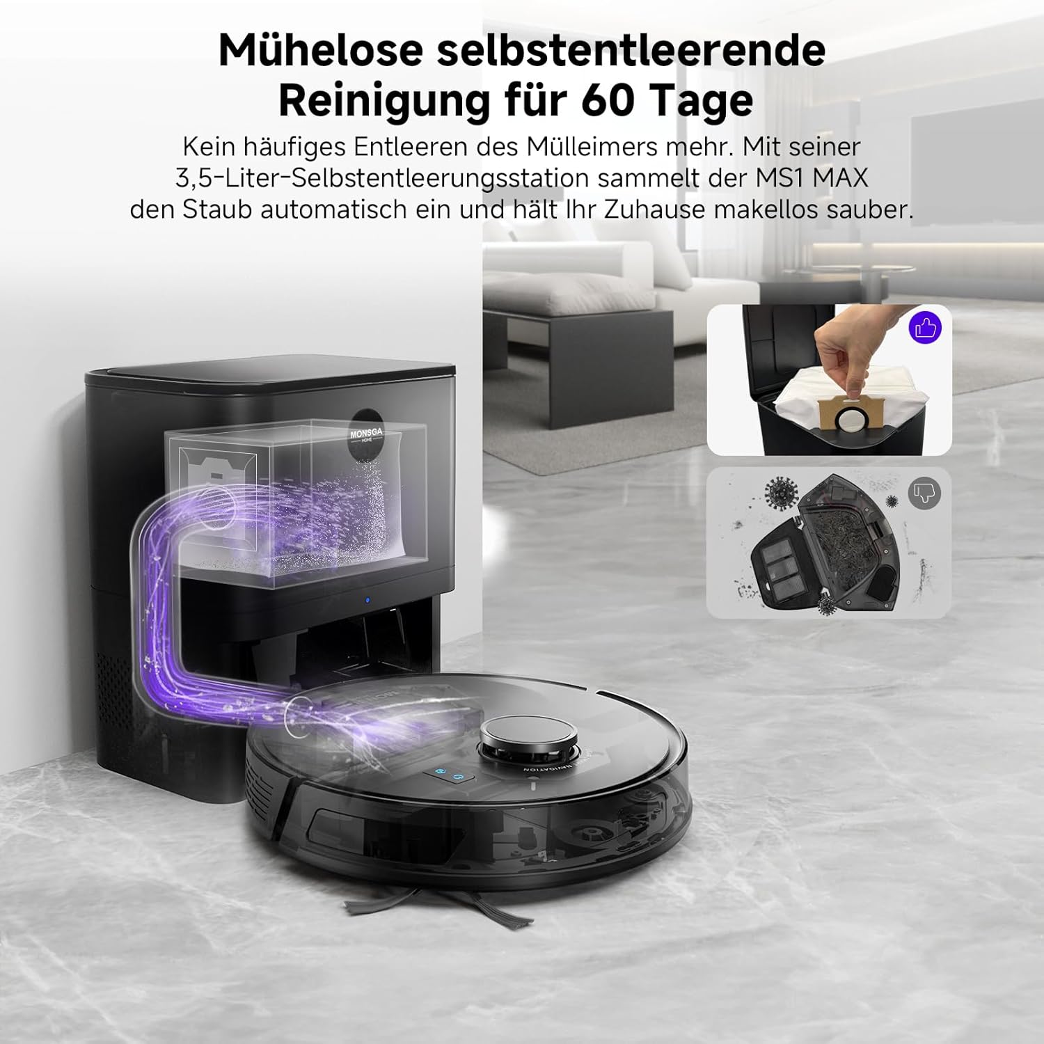 MONSGA Saugroboter mit Wischfunktion, 3,5L Staubsaugerroboter mit Saugstation, 5000Pa Saugleistung, 180min Laufzeit, LiDAR-Navigation, starke Saugleistung ideal für Teppich und Tierhaare, App-Steuerung – Bild 6