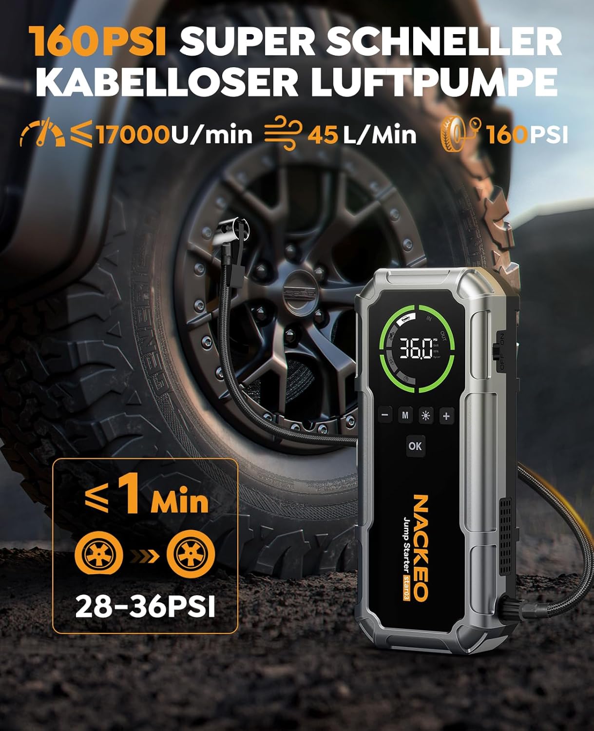 8000 A Starthilfe-Powerbank mit Kompressor 160 PSI, 12 V Auto-Starthilfe-Powerbank für alle Benziner und 12 l Diesel, 20000 mAh Starthilfe mit Starthilfekabel, 600 Lumen LED-Licht und LCD-Bildschirm – Bild 3