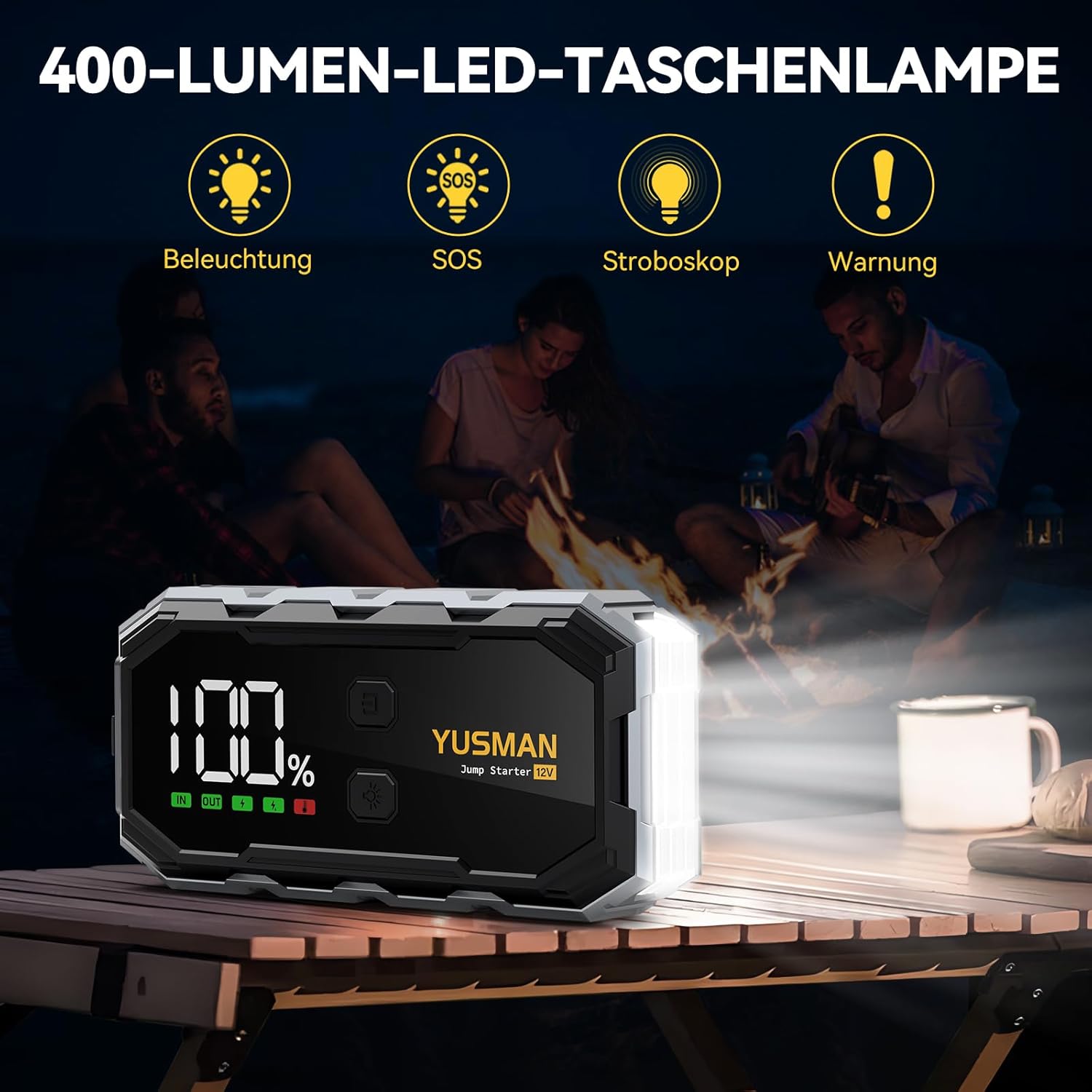 YUSMAN Starthilfe-Powerbank für Autos | 8000 A Autobatterie-Booster für alle Fahrzeuge und 10,0 l Diesel mit LED-Taschenlampe, großem Display und Starthilfekabel – ideal für SUVs, Motorräder, Rasenmäher – Bild 4