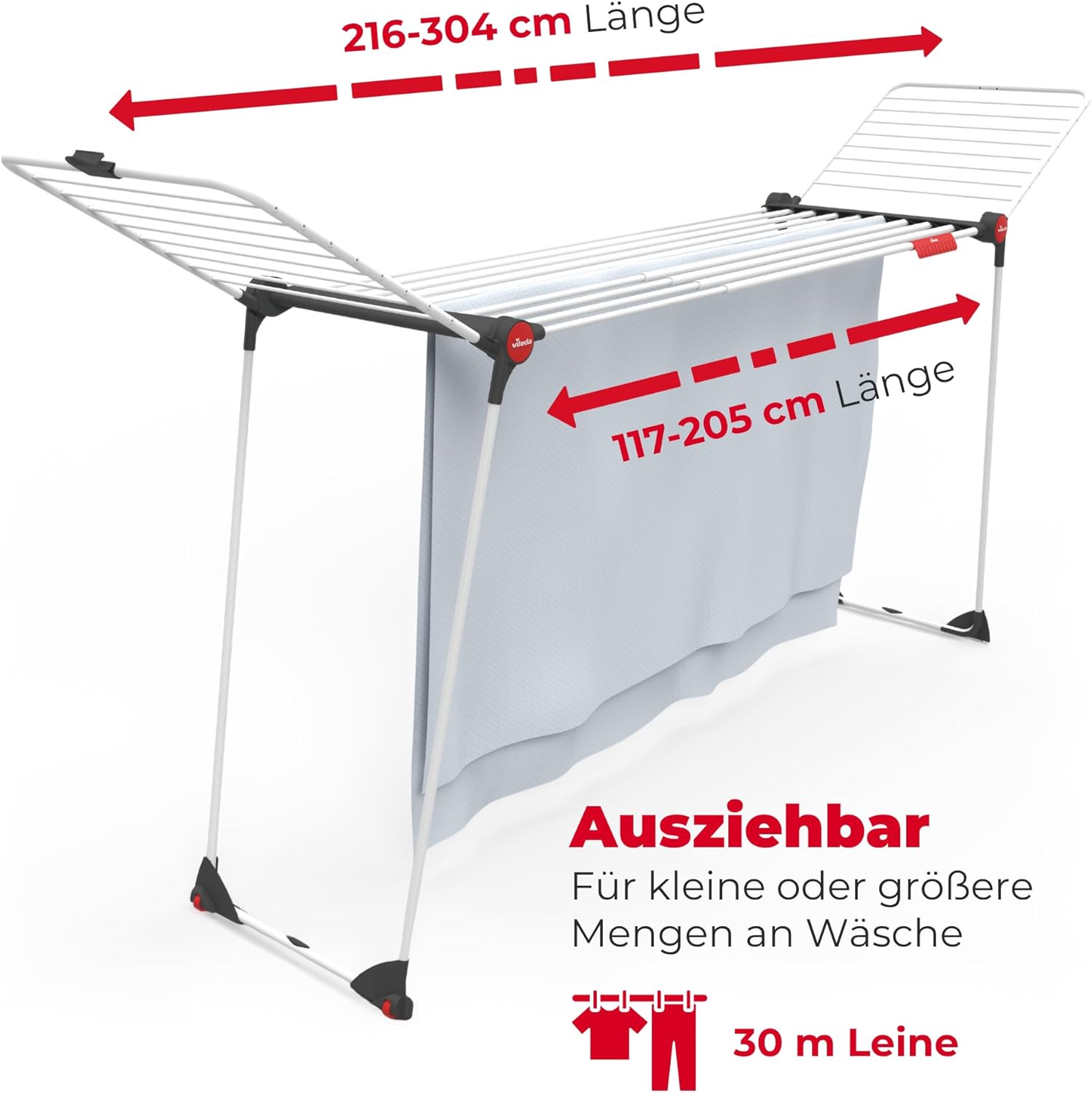 Vileda Infinity Flex Plus Wäscheständer, ausziehbarer & stabiler Flügeltrockner mit 30 m XXL-Leinen, für den Innen- und Außenbereich, platzsparend & faltbar, 2 m Länge, hohe Flügel, Komfortpaket – Bild 4