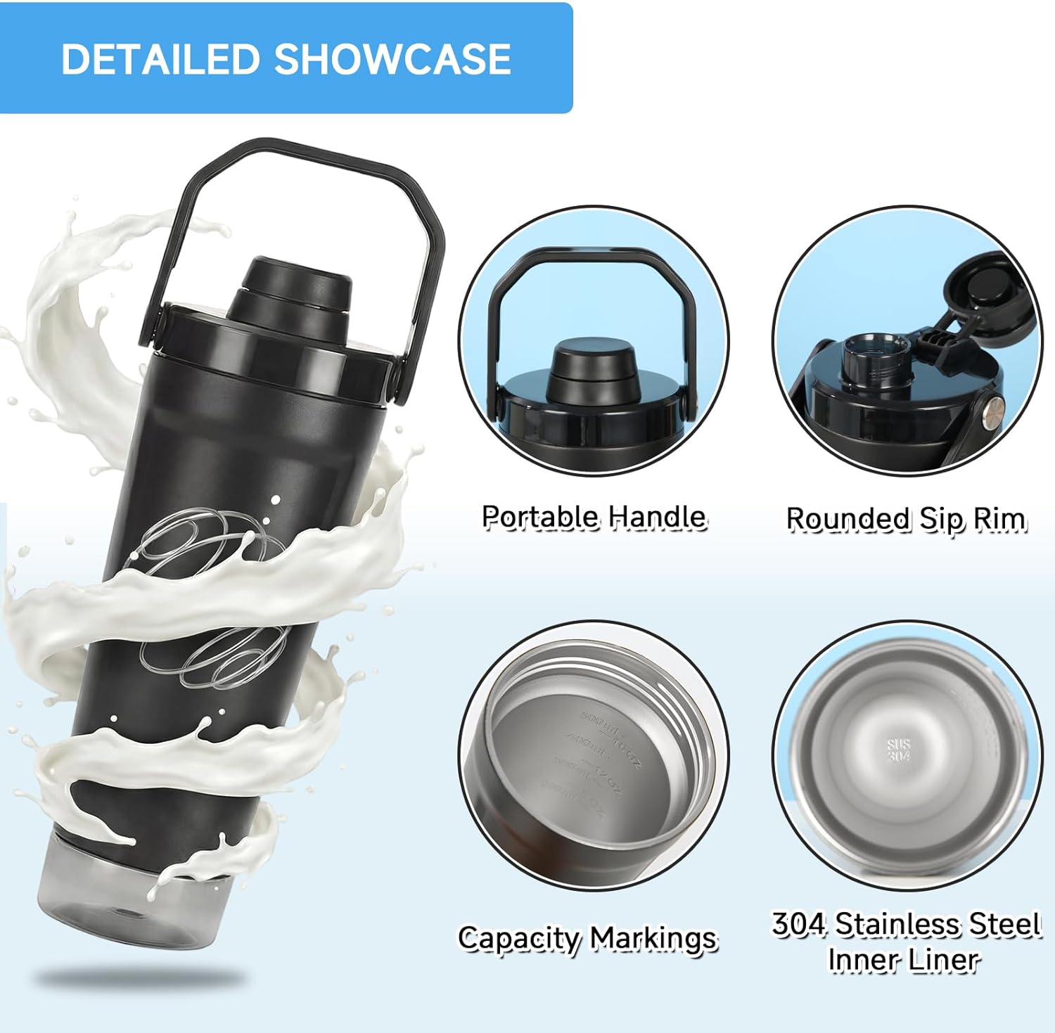 X SIM FITNESSX Protein-Shaker-Flasche mit Pulverfach, SUS304-Edelstahl-Shaker mit Tragegriff und Aufbewahrungsbehälter, 500 ml + 200 ml (blau) – Bild 4