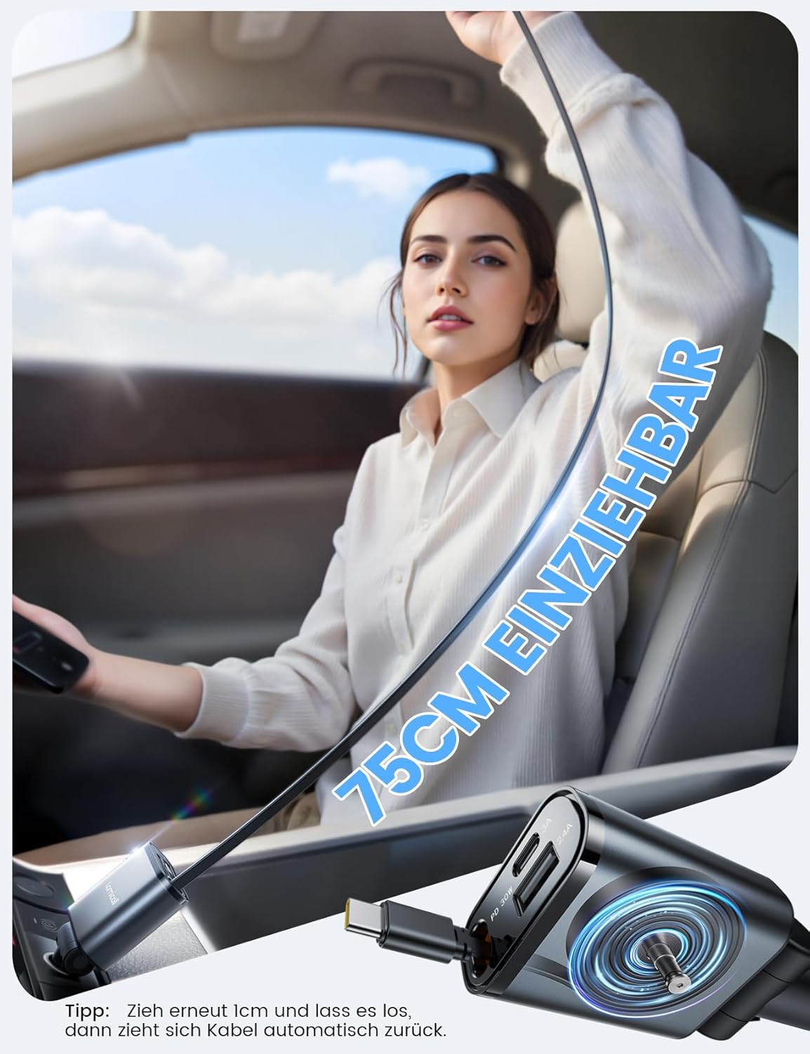 Lamicall 3-in-1-Zigarettenanzünder-USB-C-Autoladegerät - 【2026 Superkompakt】 50W USB-Adapter Auto-Schnellladegerät mit einziehbarem Typ-C-Kabel/USB C/USB A, 24/12V-Autoladegerät für iPhone/Samsung – Bild 4