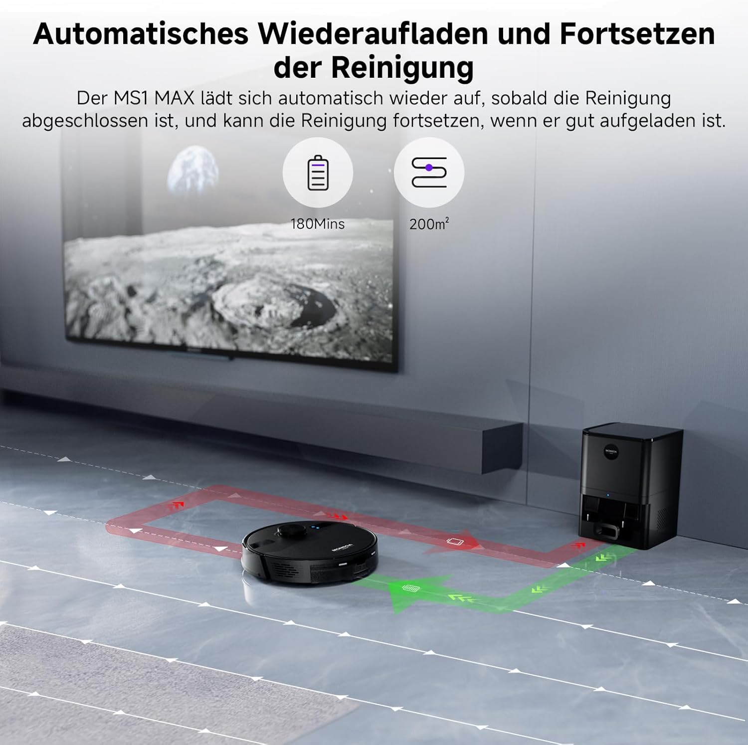 MONSGA Saugroboter mit Wischfunktion, 3,5L Staubsaugerroboter mit Saugstation, 5000Pa Saugleistung, 180min Laufzeit, LiDAR-Navigation, starke Saugleistung ideal für Teppich und Tierhaare, App-Steuerung – Bild 8