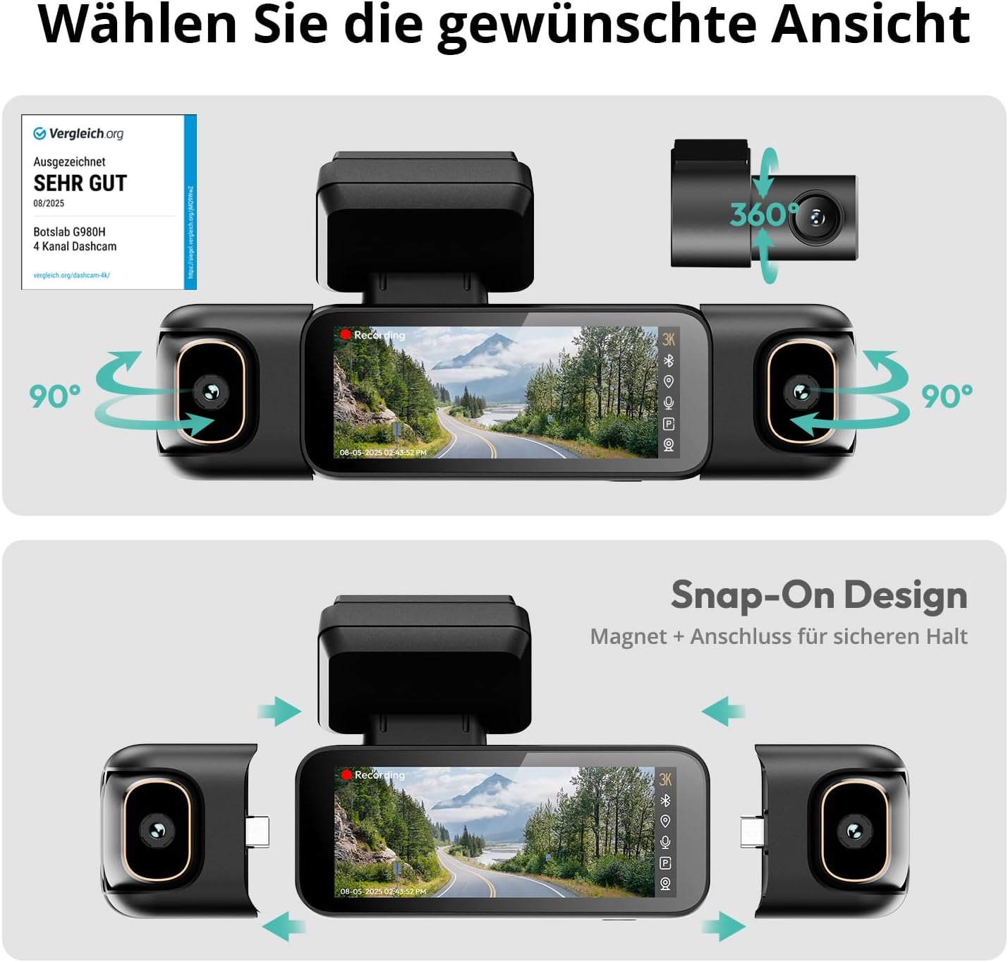 BOTSLAB Dashcam Auto 4 Kanal mit Parküberwachung, 360° Dashcam mit GPS, 5,8 GHz WLAN, 3K + 1080P × 3 Autokamera, 3,18 Zoll IPS-Bildschirm, Super-Nachtsicht, WDR, G-Sensor, Loop-Aufnahme, inklusive 128 GB SD-Karte – Bild 3