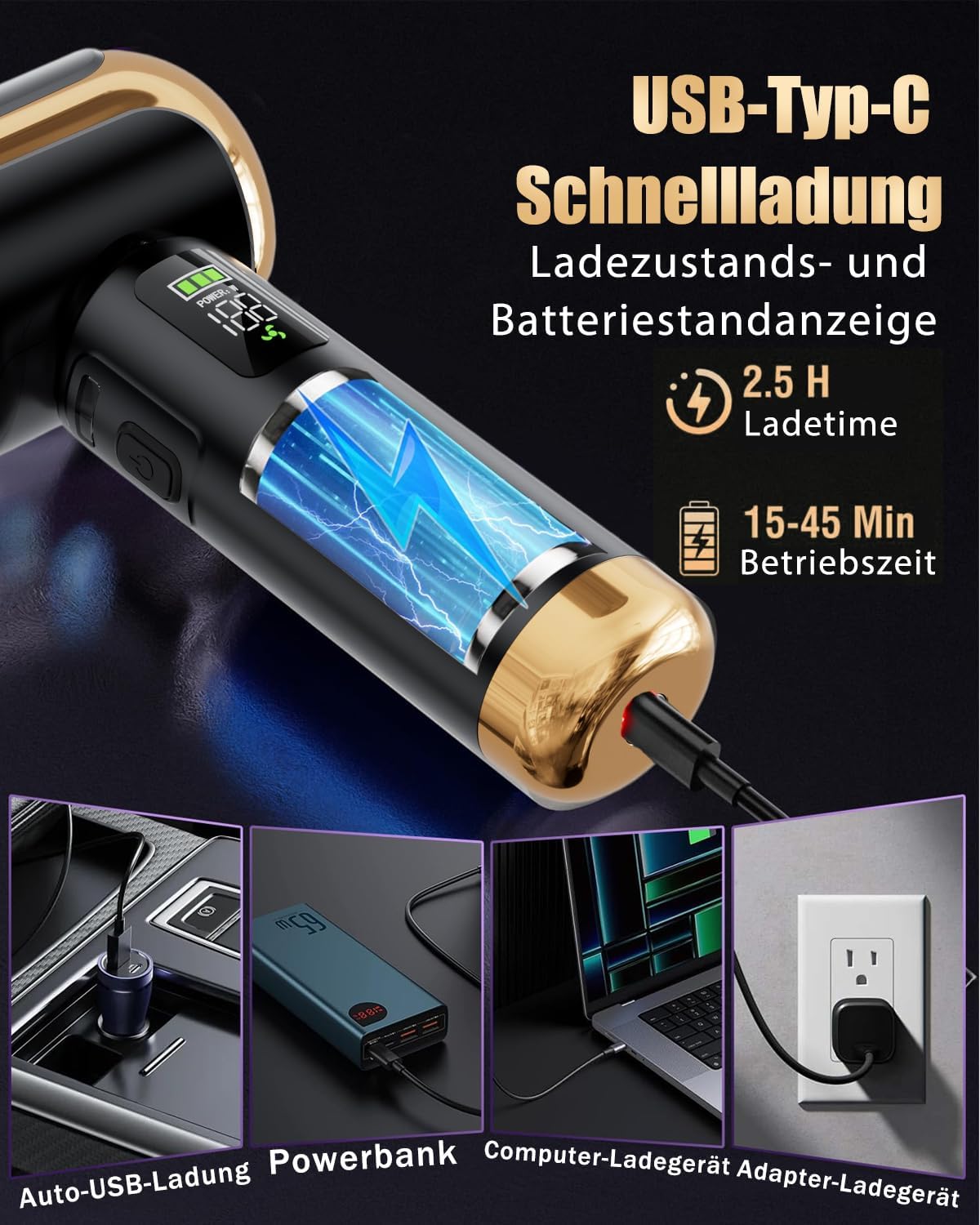 Kabelloser Mini-Handstaubsauger mit 27.000 Pa für das Auto | Auto-Staubsauger, 220.000 U/min, wiederaufladbar, tragbar, elektrischer Staubbläser für Auto, Küche, PC, Sofa, Büro – Bild 5
