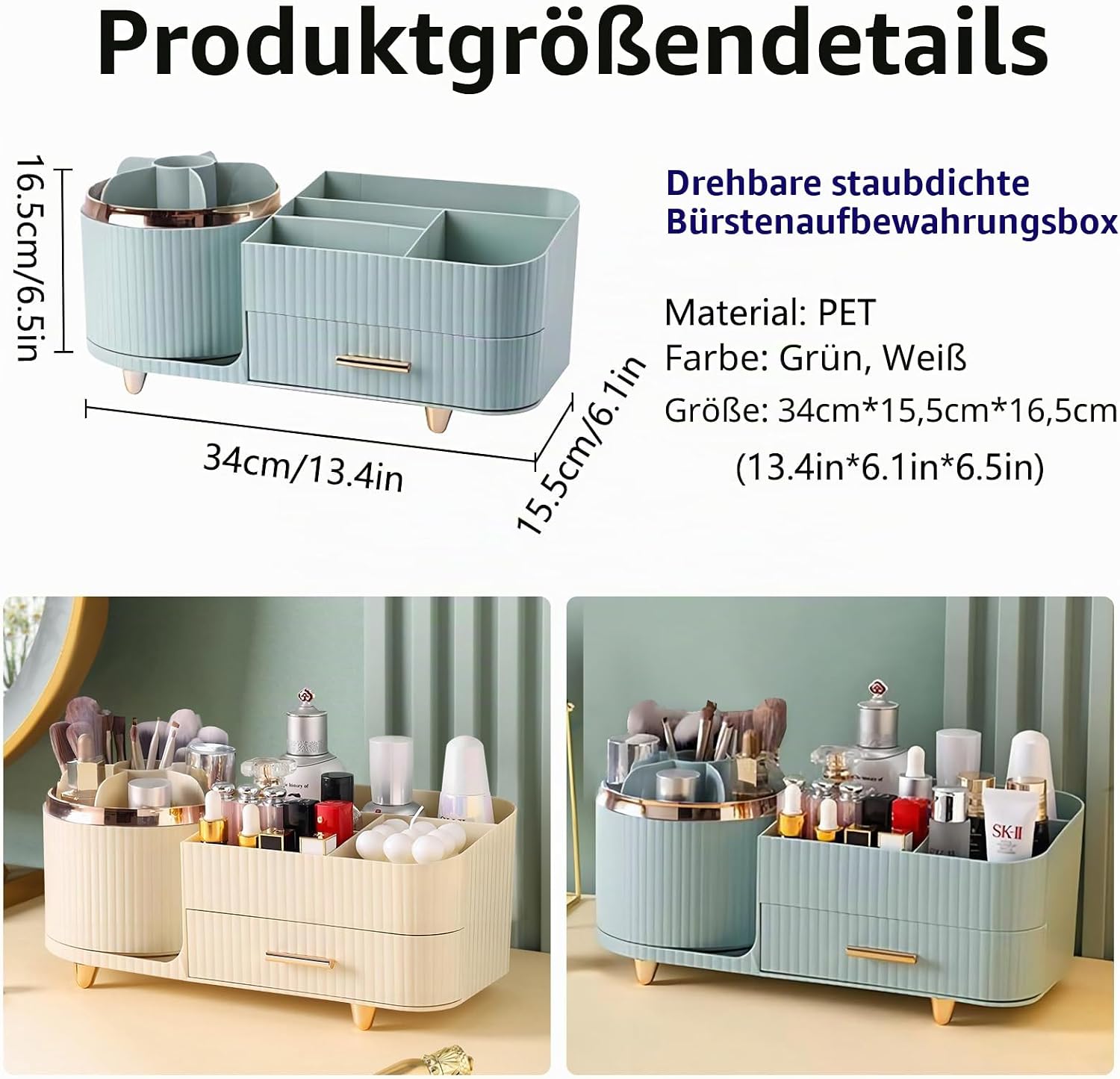 DASITON Make-up-Organizer, 360° drehbar, Make-up-Pinselhalter, Kosmetikaufbewahrung mit Schubladen, großer Schminktisch-Organizer für Schlafzimmer, Badezimmer, Make-up- und Hautpflege-Organizer (grün) – Bild 6