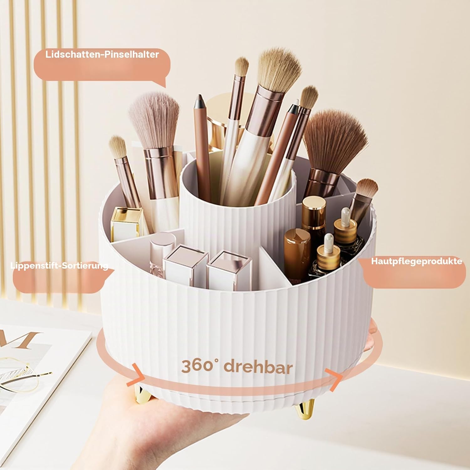 fanado 360° drehbarer Make-up-Organizer, Make-up-Pinselhalter, 5 Fächer für Make-up- und Hautpflege-Aufbewahrung, für Schminktisch, Schreibtisch, Badezimmer (weiß) – Bild 2