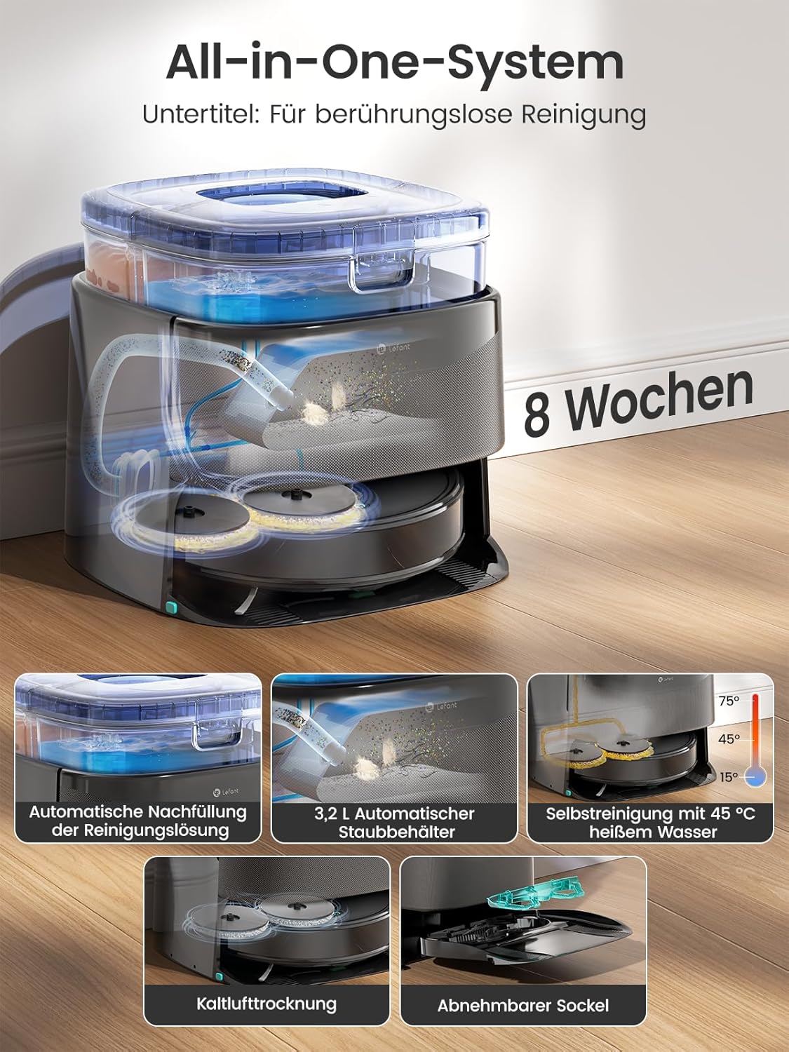 Lefant M3 MAX Saugroboter mit Wischfunktion, 20.000 Pa Saugkraft, Hindernissen ausweichen, LiDAR-Navigation, No-Go-Zone, Anheben des Wischmopps, Multi-Etagen-Kartierung, WLAN 2,4G/5G, App und Alexa – Bild 2