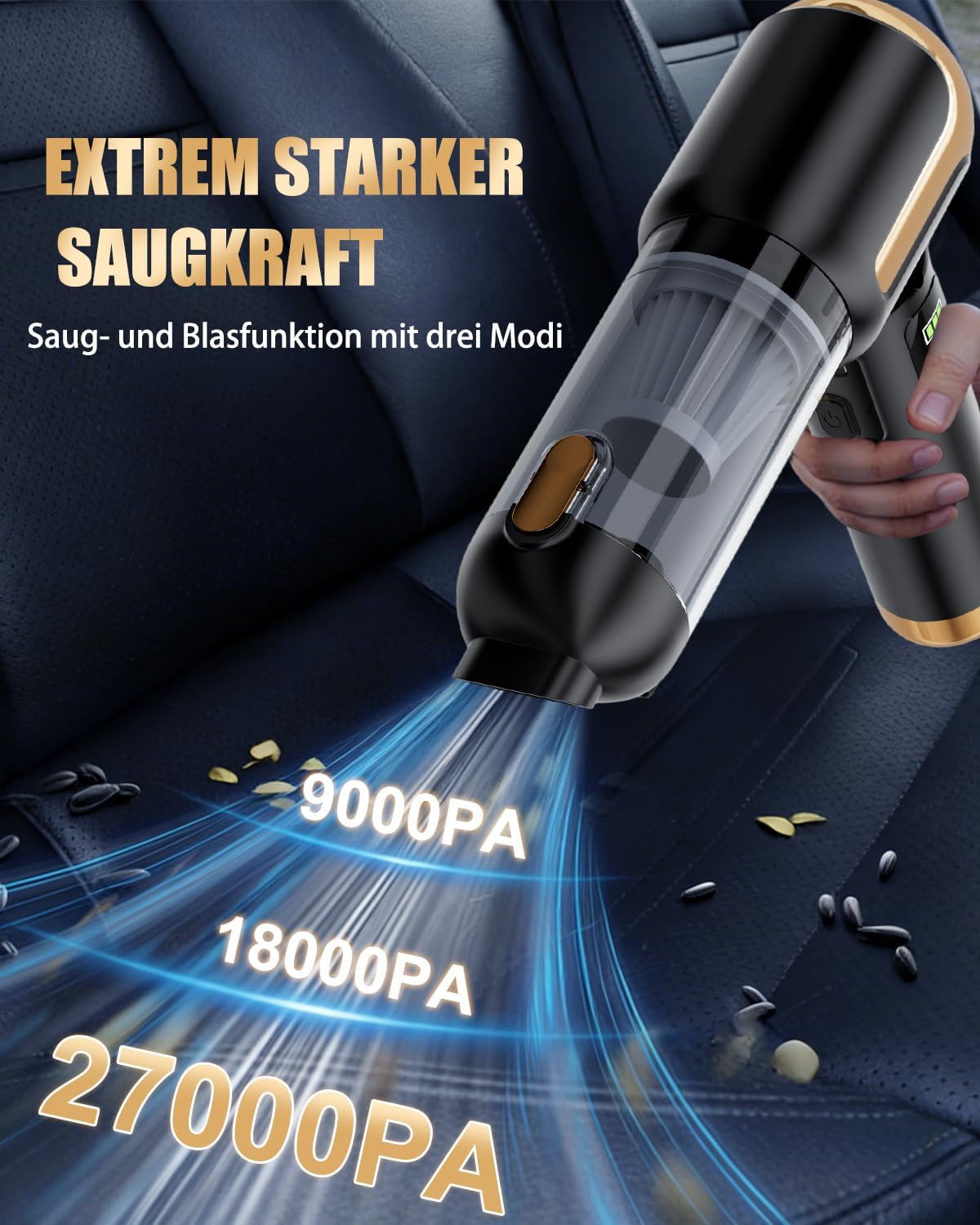 Kabelloser Mini-Handstaubsauger mit 27.000 Pa für das Auto | Auto-Staubsauger, 220.000 U/min, wiederaufladbar, tragbar, elektrischer Staubbläser für Auto, Küche, PC, Sofa, Büro – Bild 2