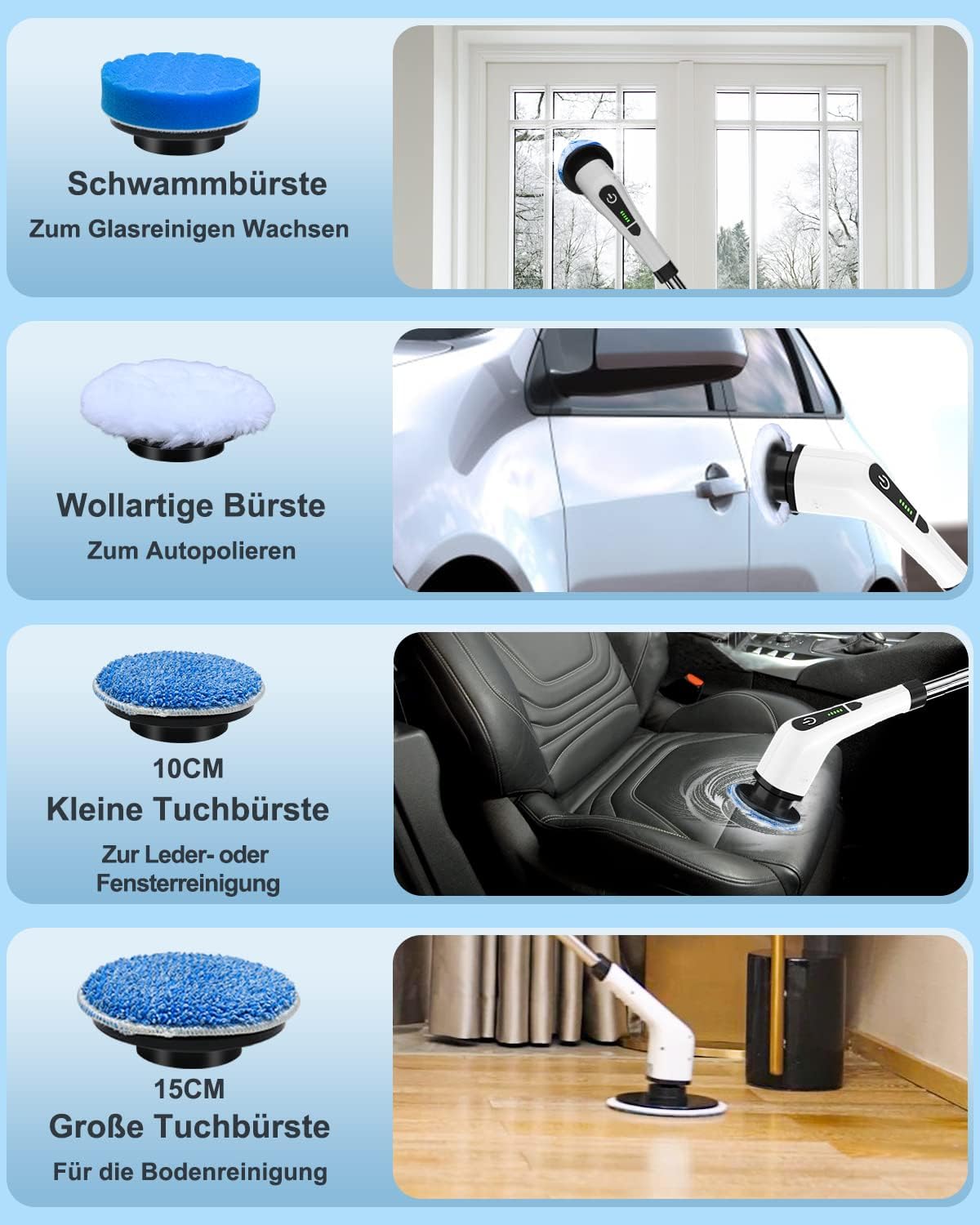 Leebein Elektrische Reinigungsbürste, elektrischer Schleuderschrubber kabellos mit 8 austauschbaren Bohrbürstenköpfen, Wannen- und Bodenfliesen-Mopp-Set mit 137 cm verstellbarem Griff für Badezimmer, Küche, Autoboden – Bild 5