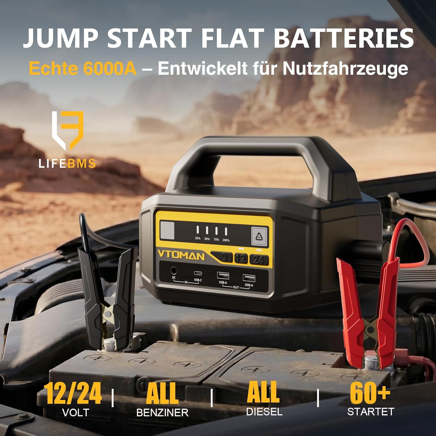 VTOMAN V-Truck Auto-Starthilfe-Powerbank, 6000 A, 12 V/24 V, tragbarer Batterie-Booster für LKWs, Lieferwagen und Traktoren (alle Benziner und Diesel), Starter-Powerbank mit LED-Taschenlampe und USB-Schnellladung – Bild 2
