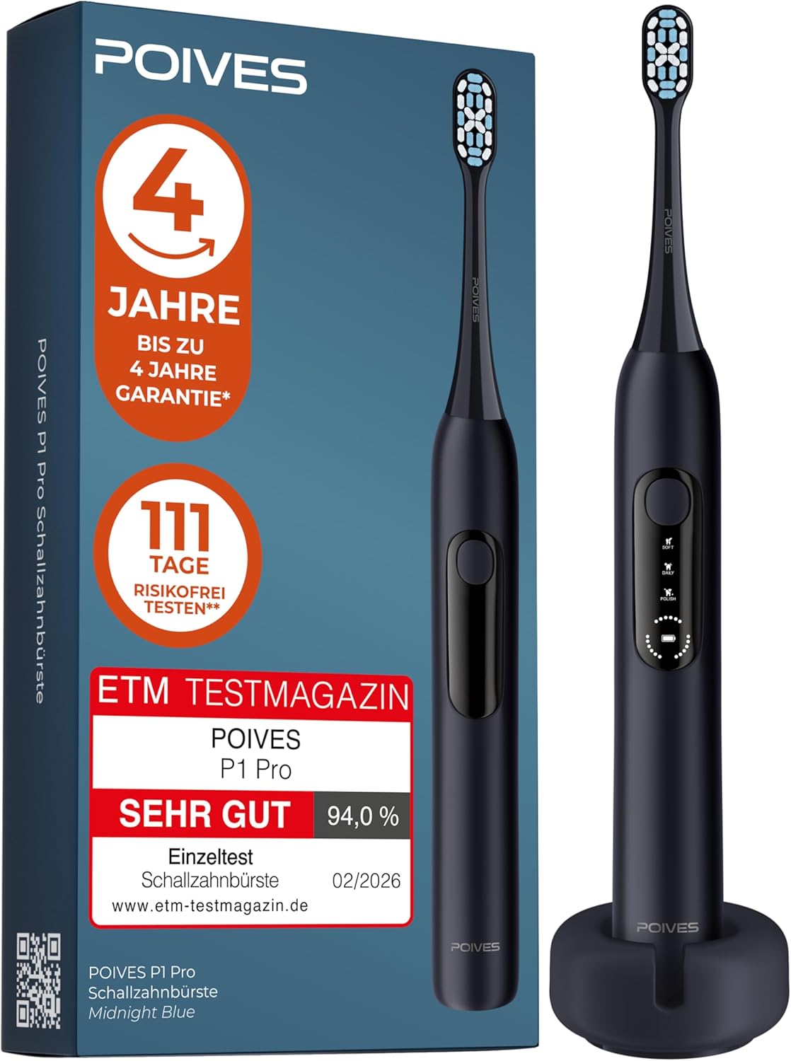 Schallzahnbürste P1 Pro Testsieger 2026 – Bestnote Sehr gut, Drucksensor schont die Zähne, Ultraschall-Elektrozahnbürste, Mitternachtsblau