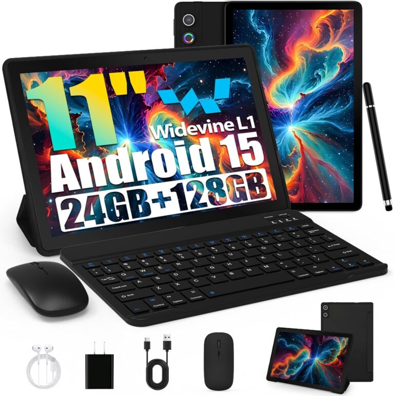 Tablet, Android-Tablet 11 Zoll mit 24 GB RAM + 128 GB ROM (1 TB TF), Octa-Core, Widevine L1, WiFi 6 & BT 5.3, 6800 mAh Akku, Dual-Kamera – Tablet mit Tastatur, Maus, Stift und Hülle