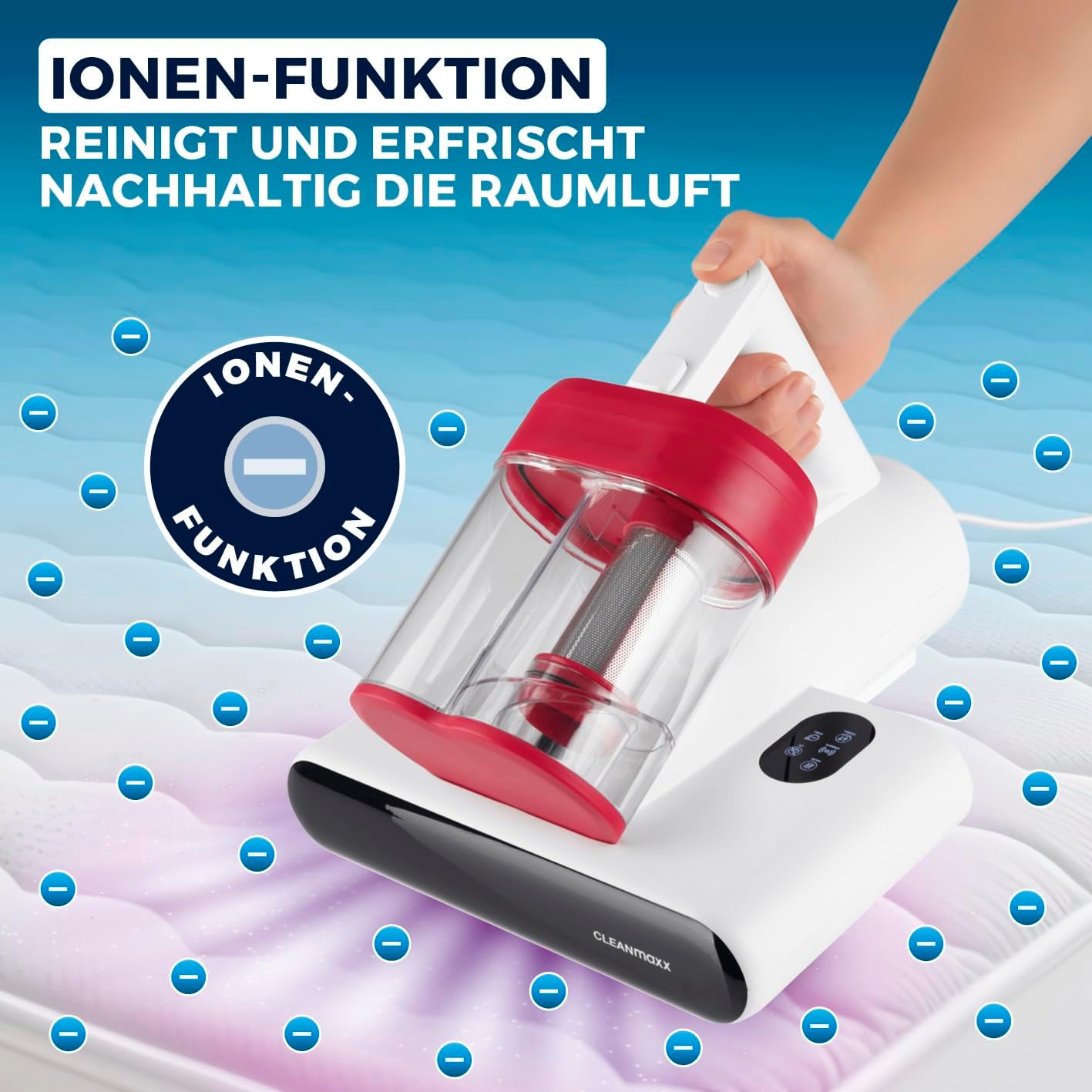 CLEANmaxx Milbensauger für Matratzen mit UV-C-Licht, Rotation, Matratzenreiniger mit HEPA-Filter, entfernt 99,9 % aller Milben, Matratzensauger mit Ultraschall, Hitze & Vibration – Bild 6