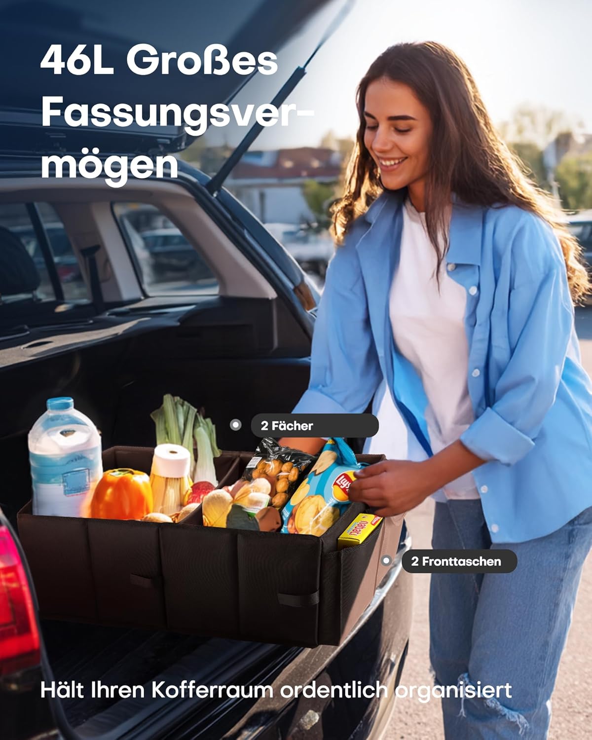 HOTOR Kofferraum-Organizer – faltbarer Kofferraum-Organizer mit 2 Fächern, stabiler Auto-Organizer für SUVs, schwarze Kofferraumtasche, verstärkte und stabile Faltbox, 54,1 x 32,0 x 26,9 cm – Bild 2