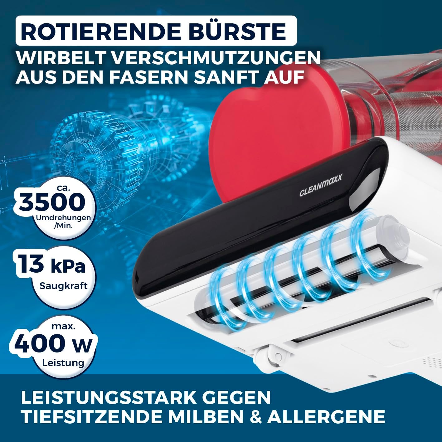 CLEANmaxx Milbensauger für Matratzen mit UV-C-Licht, Rotation, Matratzenreiniger mit HEPA-Filter, entfernt 99,9 % aller Milben, Matratzensauger mit Ultraschall, Hitze & Vibration – Bild 5
