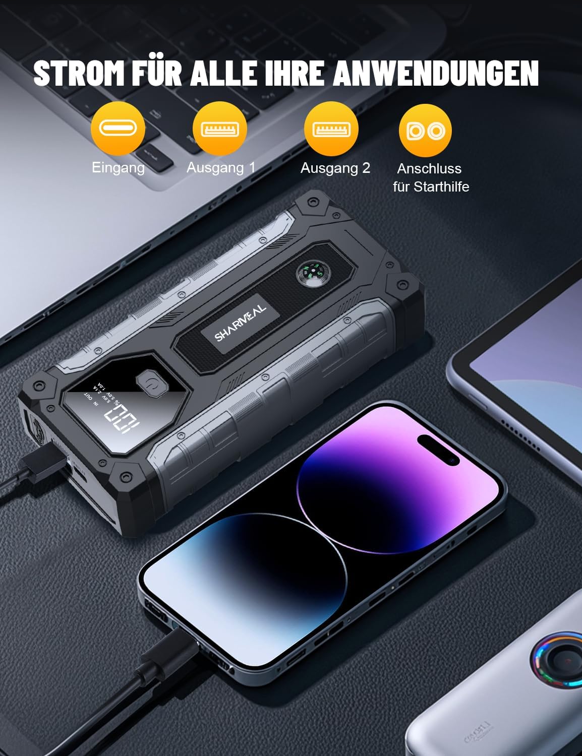 SHARMEAL 8000 A Starthilfe-Powerbank für Autos, 12-V-Auto-Starthilfe-Powerbank (für alle Benzinmotoren oder bis zu 10,0 l Diesel), Booster-Auto-Starthilfe mit LCD-Bildschirm und LED-Taschenlampe – Bild 4