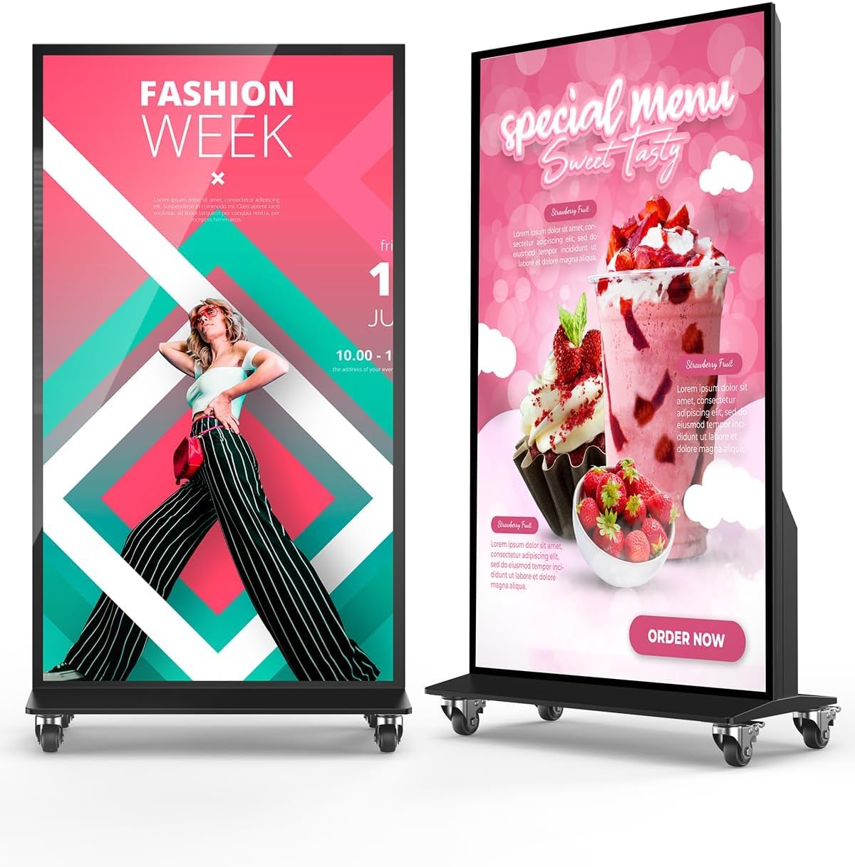 4K-UHD-Vollbild-Digital-Signage, 75-Zoll-Digital-Kundenstopper für den Innenbereich mit Android, beweglicher Werbeplakatständer mit Rollen, LCD-Digital-Kiosk mit Zeitschaltuhr, WLAN/USB/HDMI/Eingang, Schwarz