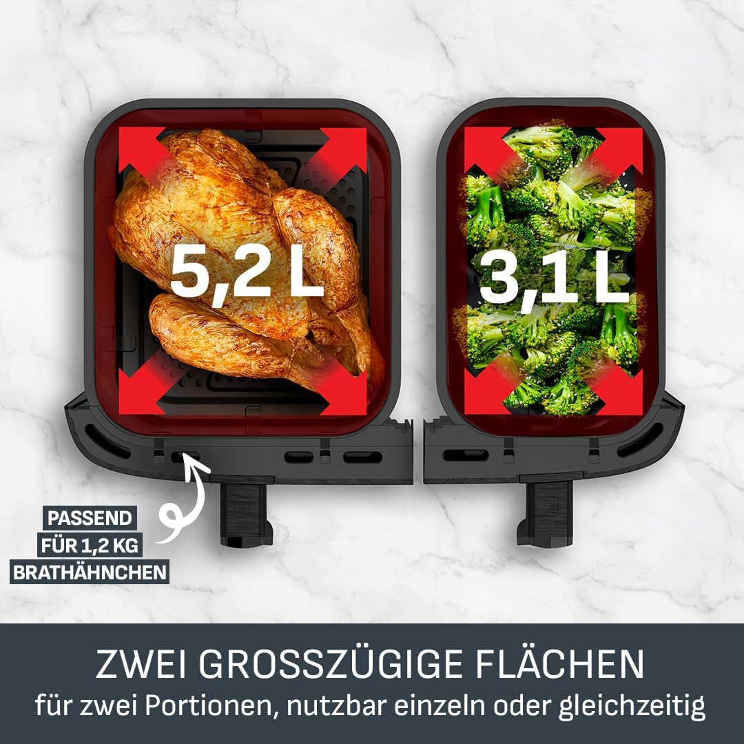 Tefal Dual Easy Fry Heißluftfritteuse 8,3 l – Airfryer mit 2 Kammern und XL-Schublade, 7 Programme, 2700 W, Extra Crisp-Technologie, fettarmes Frittieren und Energieeinsparung, spülmaschinenfest EY9018 – Bild 3