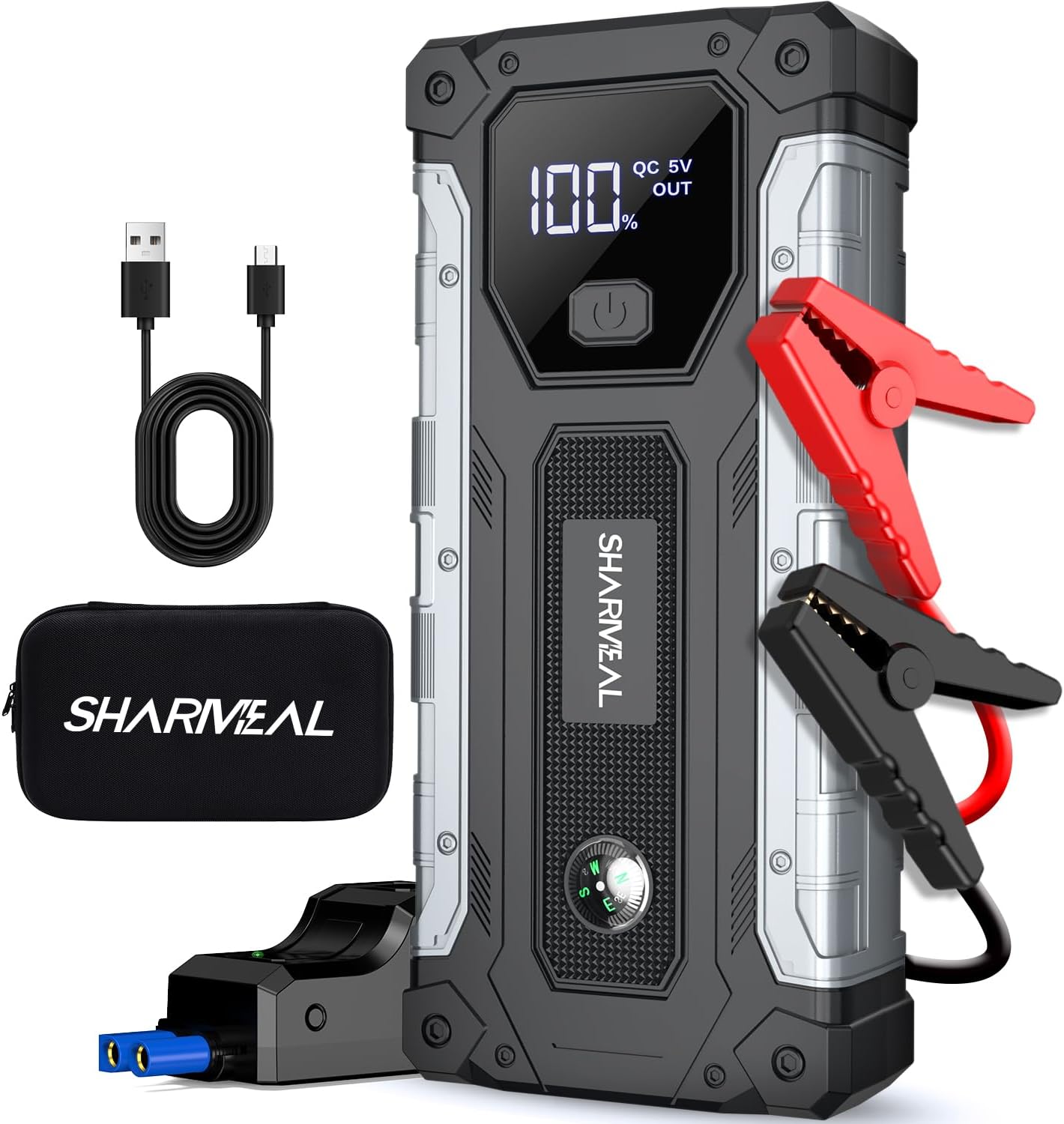 SHARMEAL 8000 A Starthilfe-Powerbank für Autos, 12-V-Auto-Starthilfe-Powerbank (für alle Benzinmotoren oder bis zu 10,0 l Diesel), Booster-Auto-Starthilfe mit LCD-Bildschirm und LED-Taschenlampe