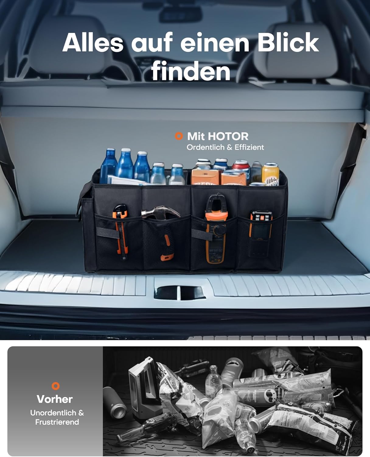 HOTOR Kofferraum-Organizer – faltbarer Kofferraum-Organizer mit 2 Fächern, stabiler Auto-Organizer für SUVs, schwarze Kofferraumtasche, verstärkte und stabile Faltbox, 54,1 x 32,0 x 26,9 cm – Bild 7