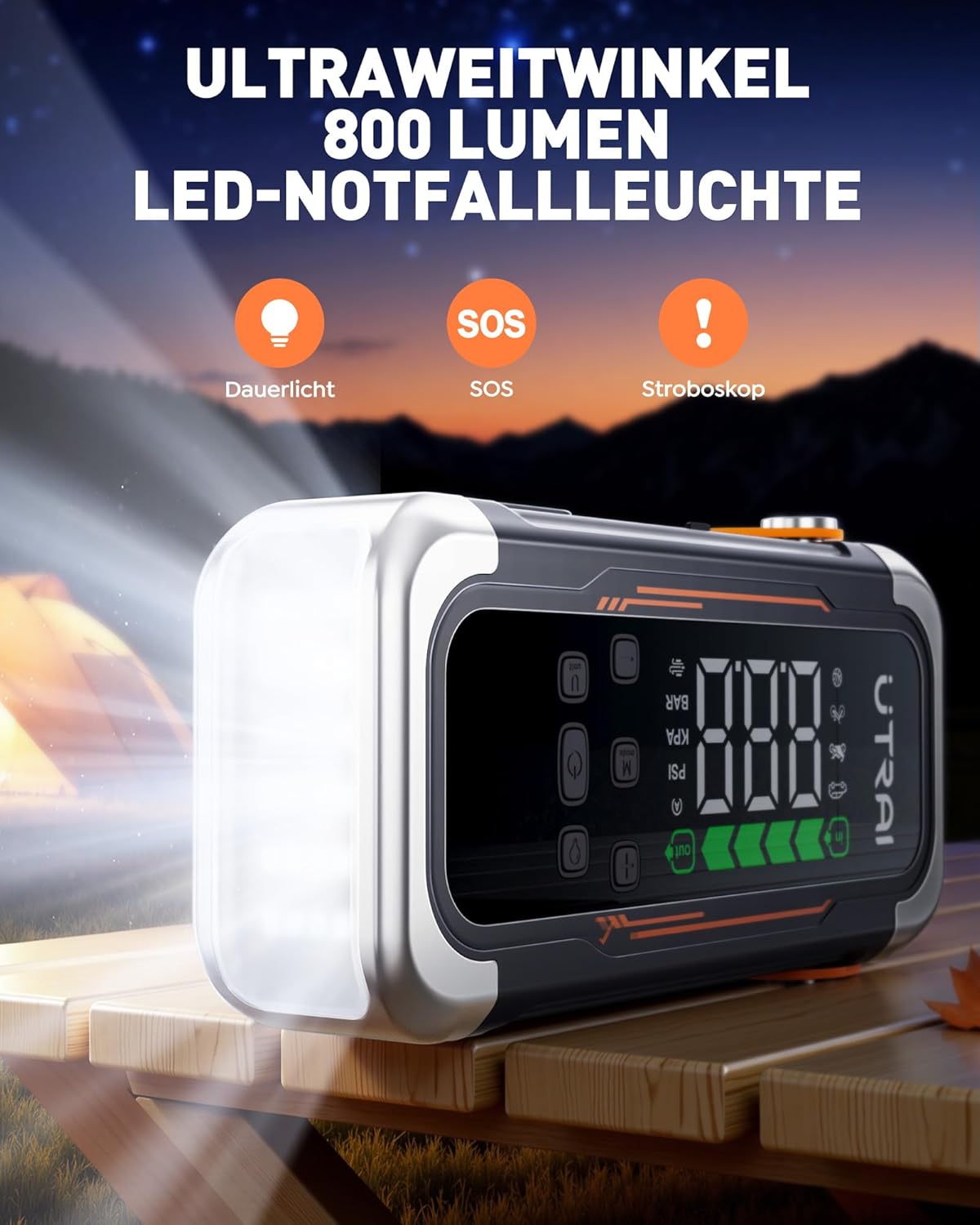 UTRAI 6000 A Starthilfe-Powerbank für Autos (alle Benziner und bis zu 10 l Diesel), tragbare Auto-Starthilfe mit Kompressor, PD 30 W Ausgang, Gebläsefunktion, Starthilfe-Auto für Auto, SUV, Motorrad – Bild 6