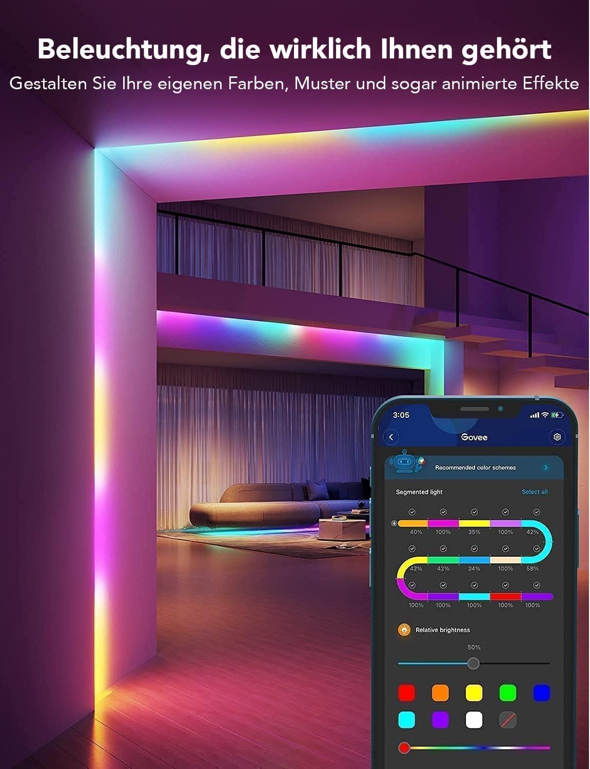 Govee LED-Streifen 20 m, RGBIC-LED-Streifen mit Segmentsteuerung, Musiksynchronisation, 64 Szenenmodi, steuerbar per App-Steuerung, Farbwechsel, geeignet für Zuhause, Schlafzimmer, 2 Rollen mit 10 m Streifen – Bild 5