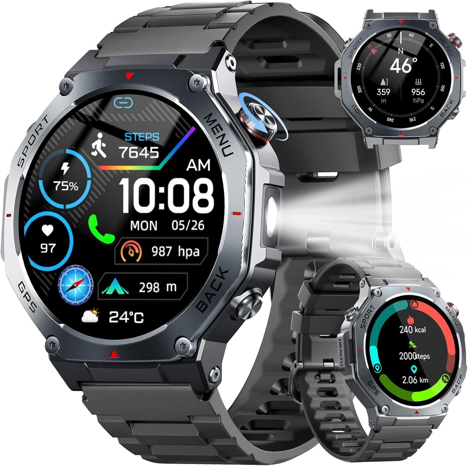 Smartwatch Herren Militär GPS, 1,43 Zoll AMOLED Fitnessuhr mit Bluetooth Anrufen, 160+ Sportmodi Kompass, 5ATM wasserdicht, 24/7 Herzfrequenz, Schlafmonitor, Schrittzähler, Sportuhr Android für iOS