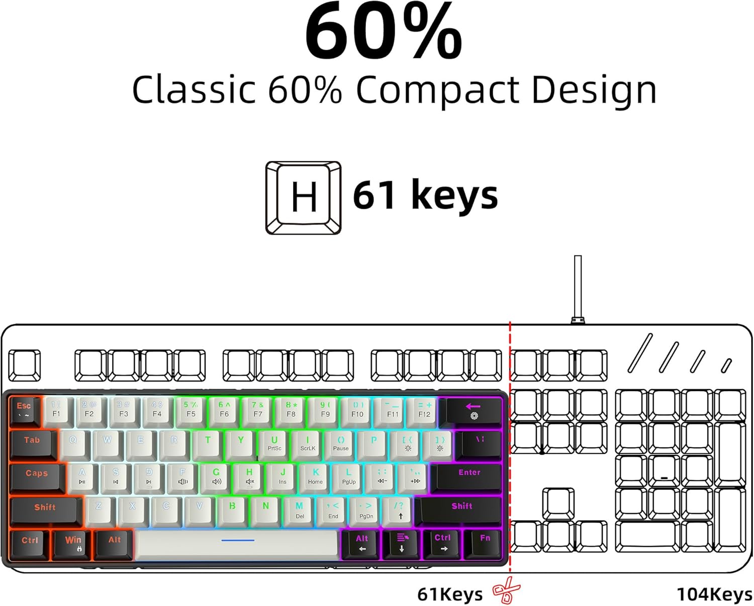 Snpurdiri 60 % kabelgebundene mechanische Gaming-Tastatur, 61 Anti-Ghosting-Tasten, RGB-Hintergrundbeleuchtung, ultrakompakte blaue Schalter, zwei Ständer, Schwarz/Weiß – Bild 2