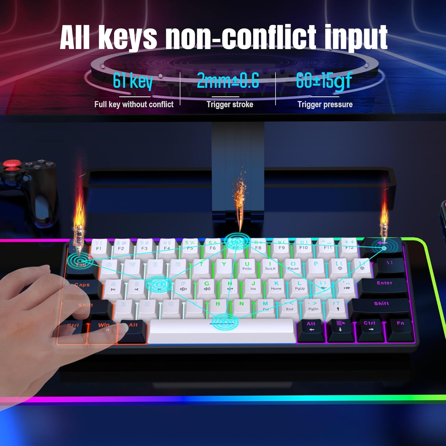 Snpurdiri 60 % kabelgebundene mechanische Gaming-Tastatur, 61 Anti-Ghosting-Tasten, RGB-Hintergrundbeleuchtung, ultrakompakte blaue Schalter, zwei Ständer, Schwarz/Weiß – Bild 7