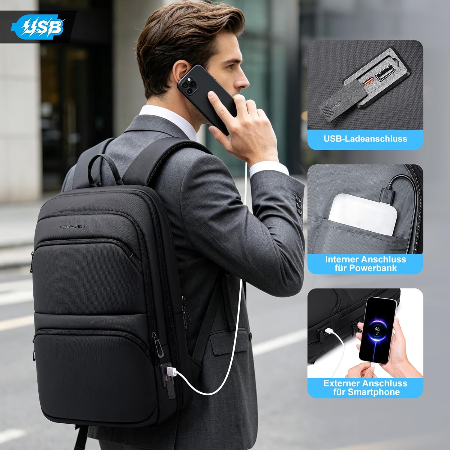 FENRUIEN Business-Laptop-Rucksack, leicht, 15,6 Zoll, schlanker Laptop-Rucksack, Schwarz, Business – Bild 7