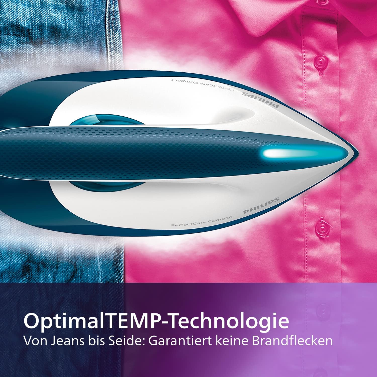 Philips Domestic Appliances Perfect Care Kompakt-Dampfbügeleisen, OptimalTemp-Technologie, 120 g/min Dauerdampf, 2400 W, 6,5 Bar Druck, 1,5 Liter Wassertank, SteamGlide-Bügelsohle, Blau (GC7844/20) – Bild 5
