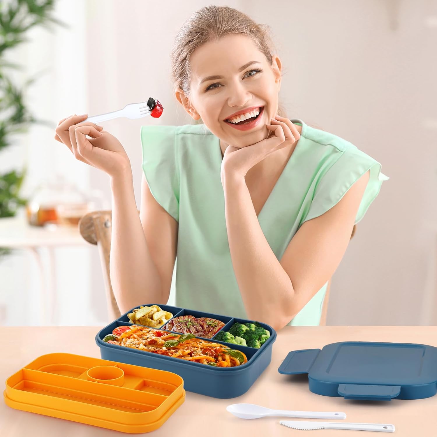 Sinnsally Lunchbox für Erwachsene, 2000 ml Lunchbox mit Fächern, Bento-Lunchbox mit Besteck, Snackbox, auslaufsichere Lebensmittelbox, Lunchbox mit Trennwänden, Frühstücksbox – Bild 6