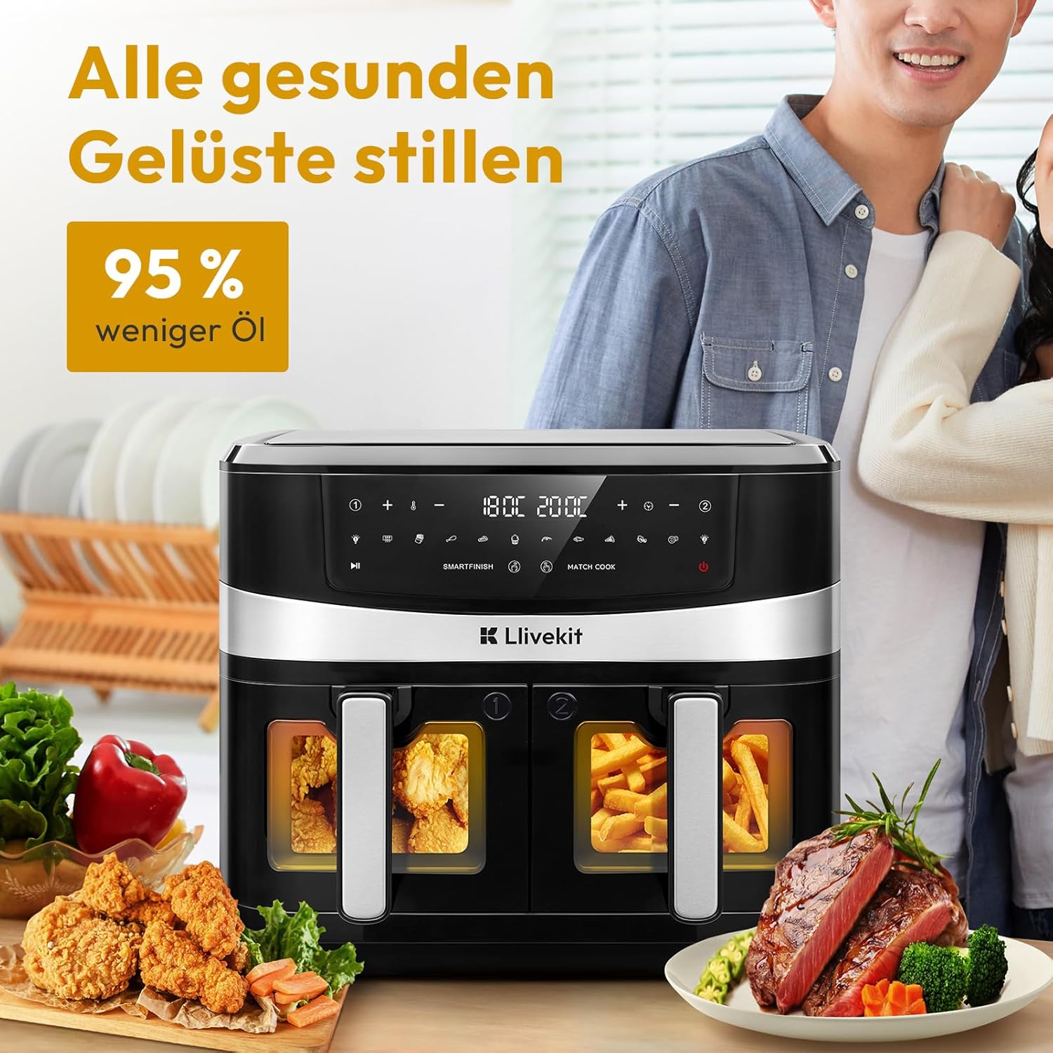 LLIVEKIT 10L Dual Blaze Heißluftfritteuse, 2800 W Doppelheizquelle ohne Umkehrfunktion, 5L + 5L Doppelkammer-Airfryer mit Spießhalter, 12-in-1, 70 % schneller, spülmaschinenfest, PFOA-frei – Bild 5
