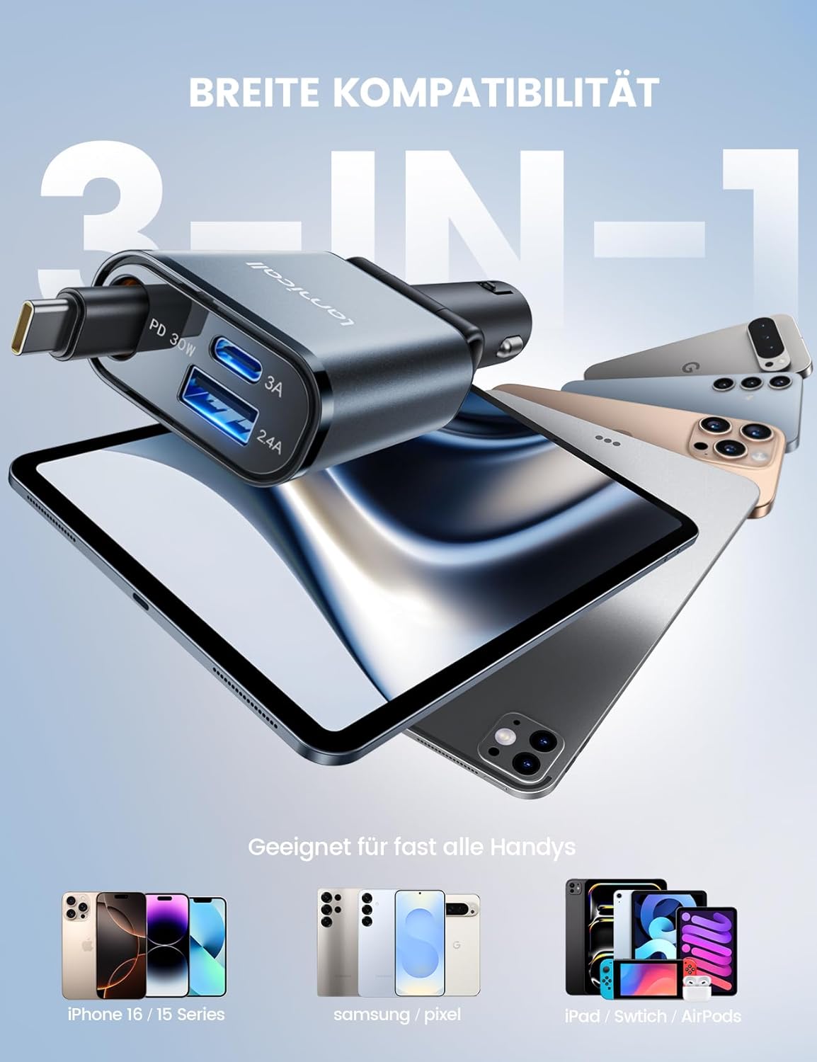 Lamicall 3-in-1-Zigarettenanzünder-USB-C-Autoladegerät - 【2026 Superkompakt】 50W USB-Adapter Auto-Schnellladegerät mit einziehbarem Typ-C-Kabel/USB C/USB A, 24/12V-Autoladegerät für iPhone/Samsung – Bild 6