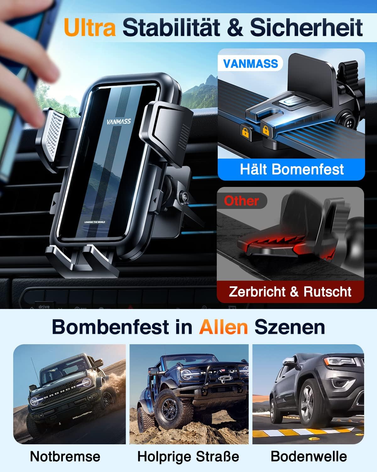 VANMASS 2026【Echte Militärklasse】Auto-Handyhalterung, Stärkster Saugnapf & Belüftungsclip, 4-in-1-Handyhalterung, Auto-Handyhalterung, 360° drehbare Autohalterung für iPhone 17 Pro Max/17 Air/16/15/14 Samsung S25 – Bild 6