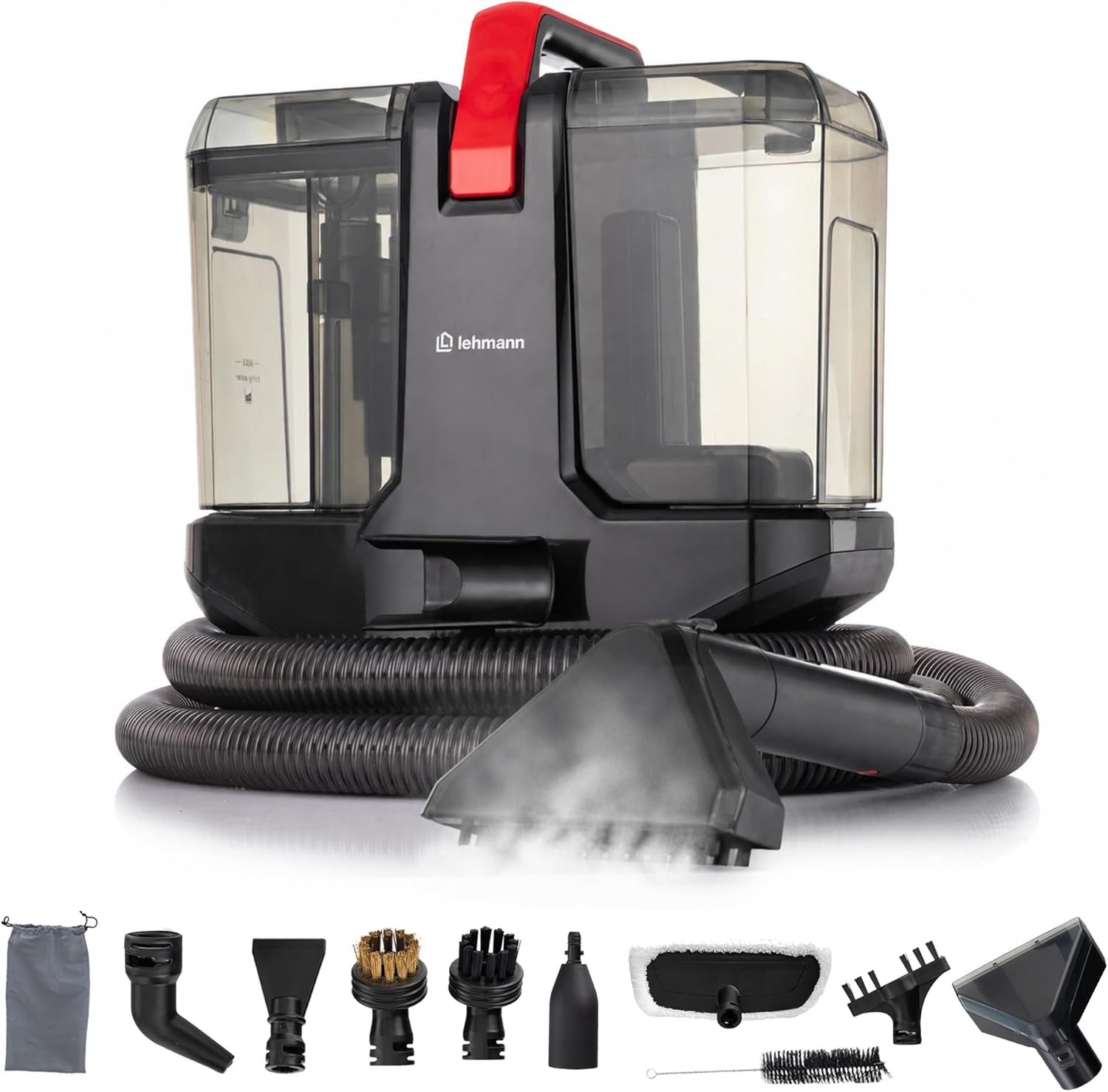 LEHMANN SteamWash 1800 Waschsauger & Dampfreiniger 4in1, Polsterreiniger und Teppichreiniger mit Warmwasser 60°C & Dampf 116°C, 16 kPa Saugkraft, Fleckenreiniger für Sofa, Auto & Haushalt