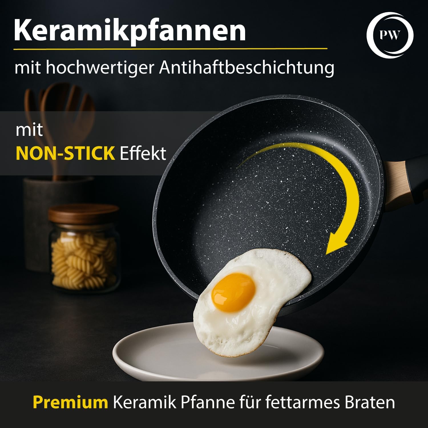 Pela Welle Induktions-Pfannenset, 3 beschichtete Pfannen mit 2 Deckeln, schwarz, Bratpfanne Induktion (5-teilig aus Keramik), Pfannenset mit Deckel, Pfanne ohne PFOA, PFAS, PTFE, Bratpfanne beschichtet – Bild 3
