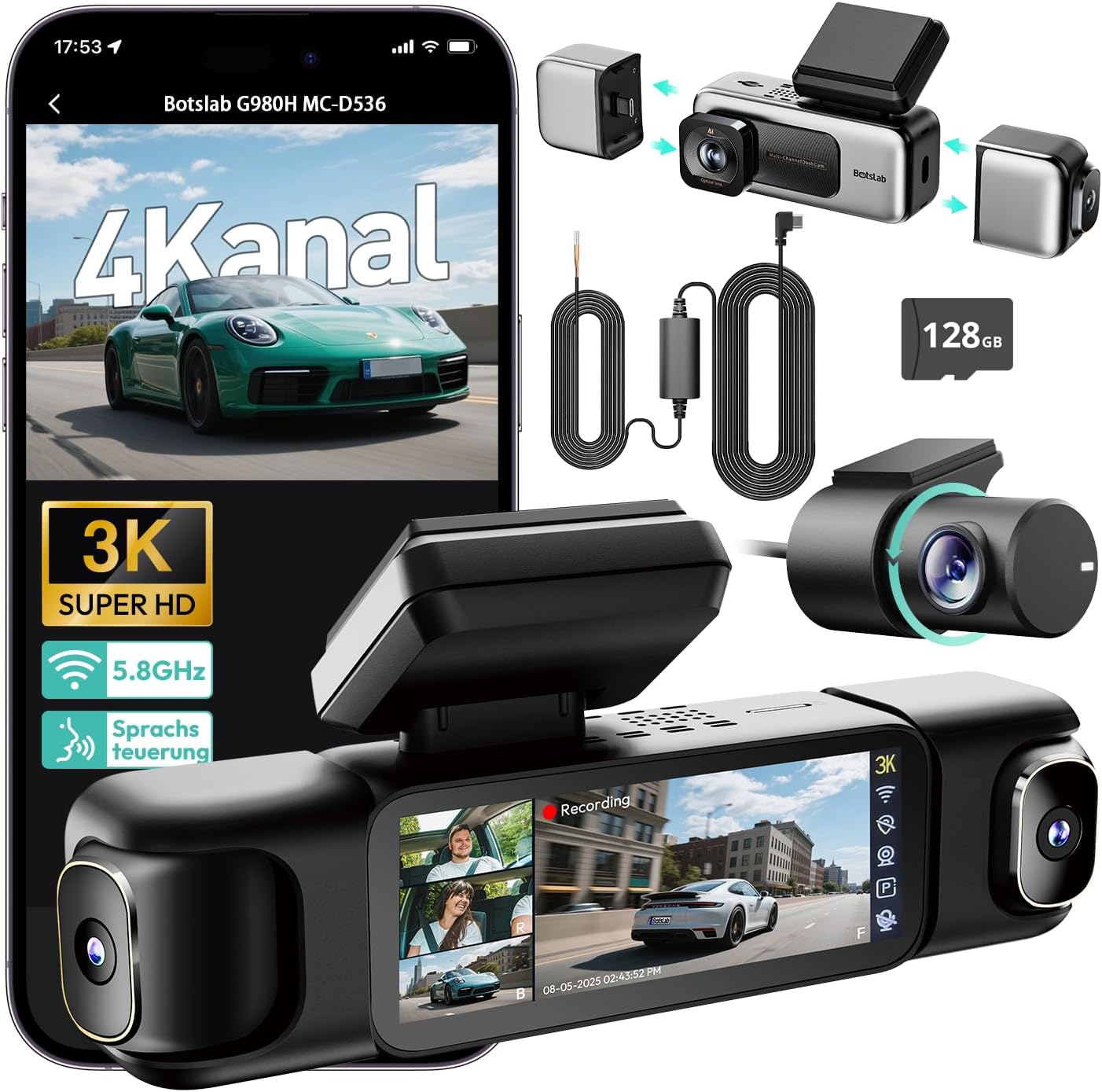 BOTSLAB Dashcam Auto 4 Kanal mit Parküberwachung, 360° Dashcam mit GPS, 5,8 GHz WLAN, 3K + 1080P × 3 Autokamera, 3,18 Zoll IPS-Bildschirm, Super-Nachtsicht, WDR, G-Sensor, Loop-Aufnahme, inklusive 128 GB SD-Karte