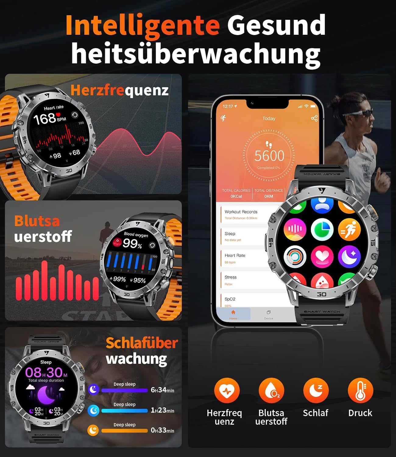 LIGE Militär-Smartwatch für Herren, 1000 mAh, großer Akku, 1,7 Zoll HD großes Display mit Telefonfunktion, LED-Taschenlampe, Fitness-Uhr mit 110+ Sportmodi, Herz-/Schlaf-Tracking, IP68-Sportuhr iOS/Android, Schwarz – Bild 5