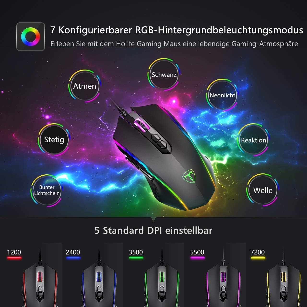 RGB-Gaming-Maus, Gamer-Maus mit 8 programmierbaren Tasten, 7200 DPI/RGB-Beleuchtung/einstellbare Spielprofile, USB-Kabel mit ergonomischem Design für MMO-, MOBA- oder FPS-Spiele für PC/Mac – Bild 3