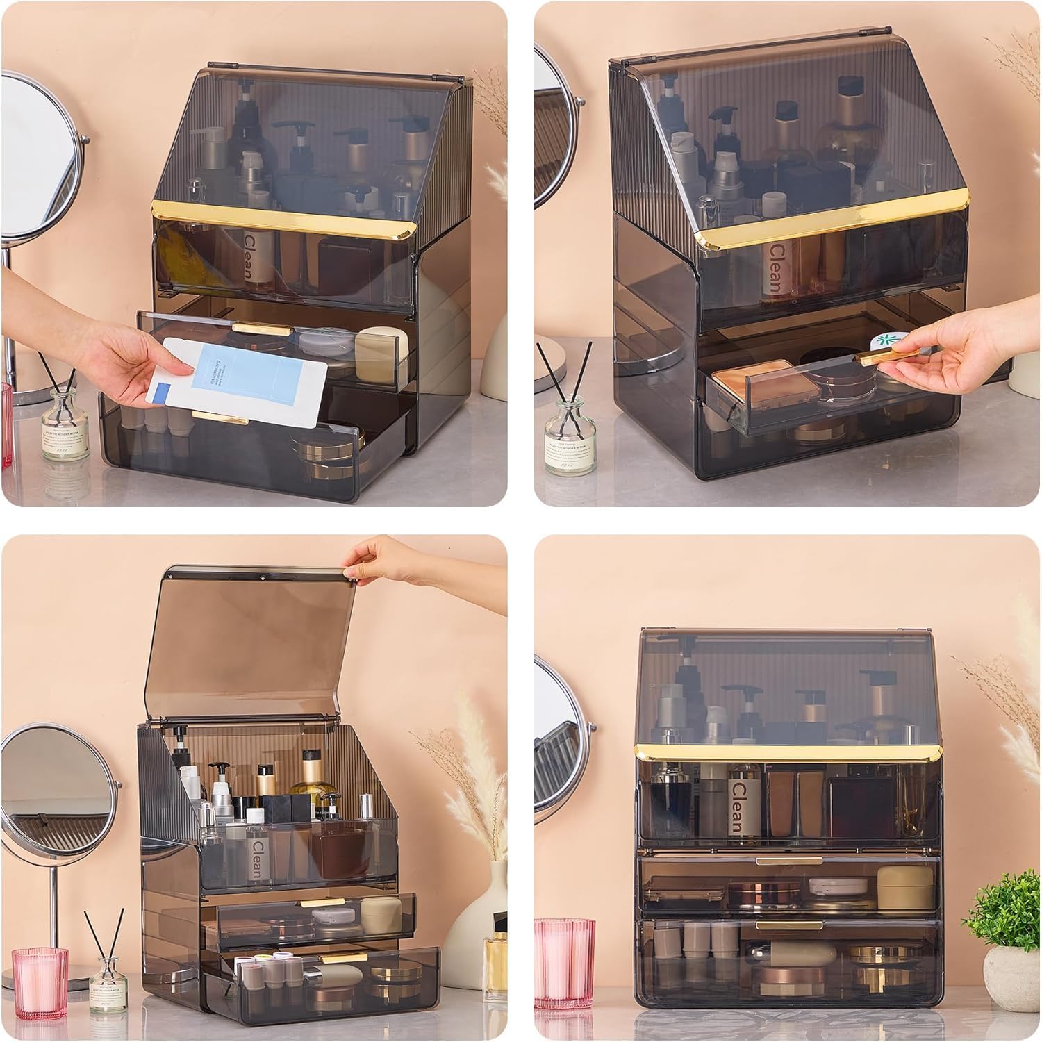 Große Make-up-Aufbewahrungsbox, 3-stöckig – Theken-Kosmetik-Organizer mit Deckel, Schminktisch-Organizer, Aufbewahrung für Parfüm und Toilettenartikel, Geschenk für Frauen – Bild 8