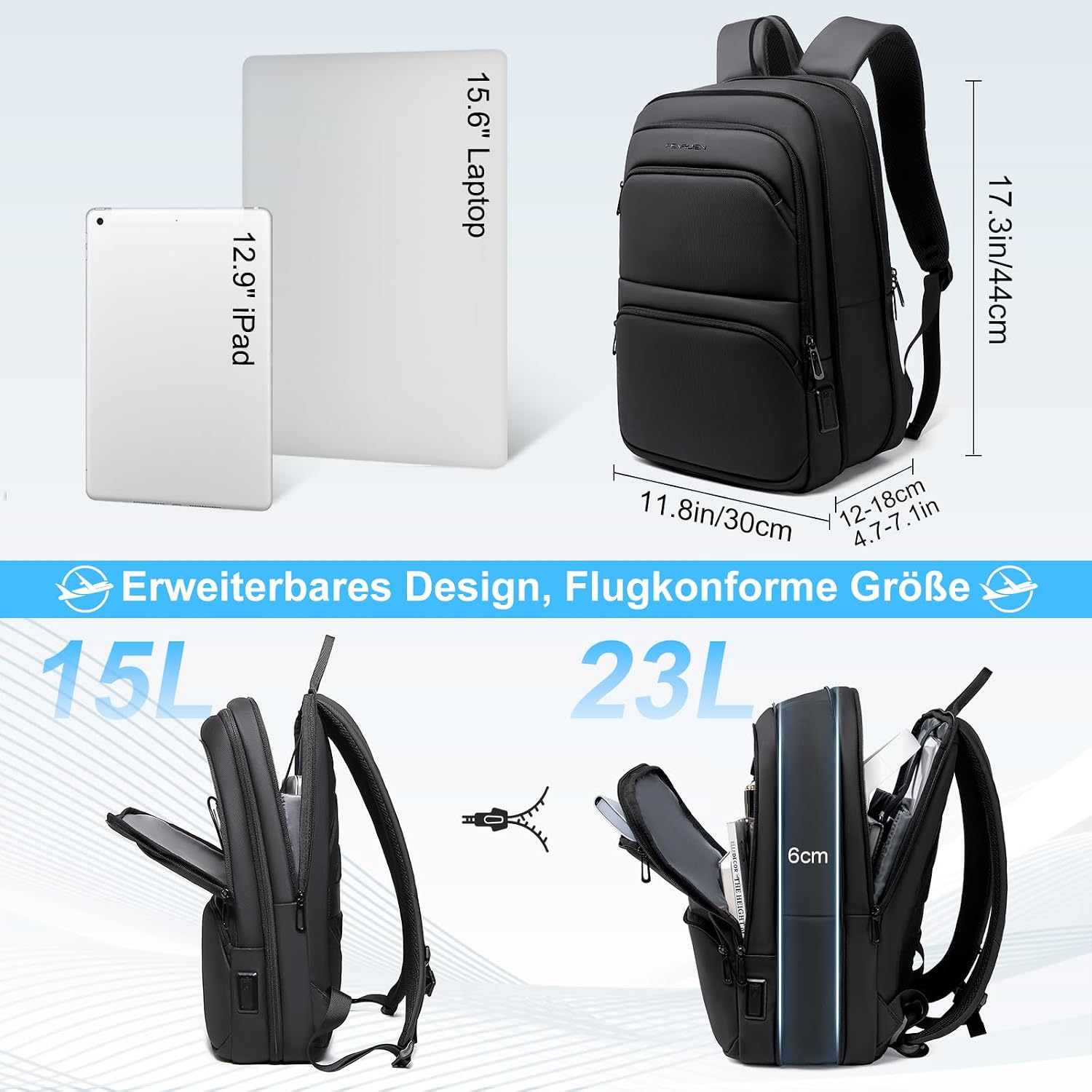 FENRUIEN Business-Laptop-Rucksack, leicht, 15,6 Zoll, schlanker Laptop-Rucksack, Schwarz, Business – Bild 6