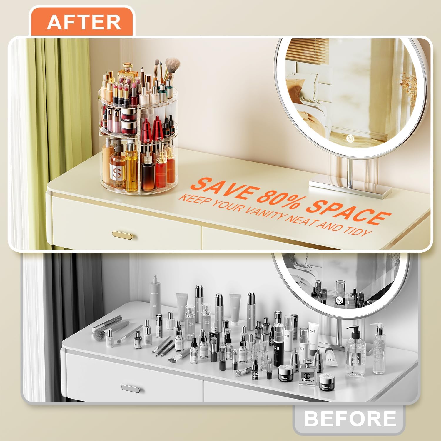 Auxmir Make-up-Kosmetik-Organizer, um 360° drehbare Aufbewahrung, Make-up-Organizer für Kommode, Schminktisch, Hautpflege-Aufbewahrungssystem, transparent – Bild 6